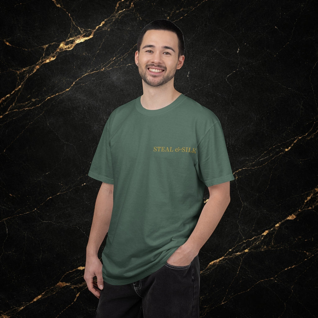 Steal & Silk green cotton t-shirt with "Handle With Force" heart graphic on the front.