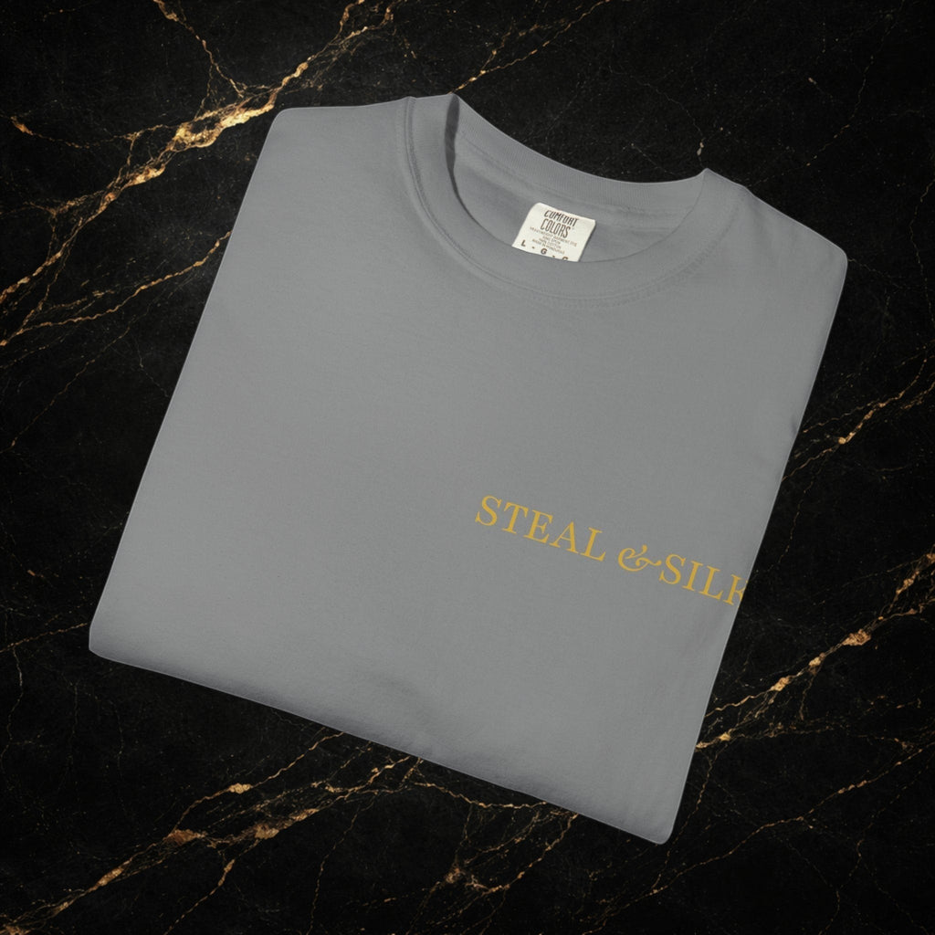 Steal & Silk grey cotton t-shirt with gold "Handle With Force" heart graphic on front. Modern fit.
