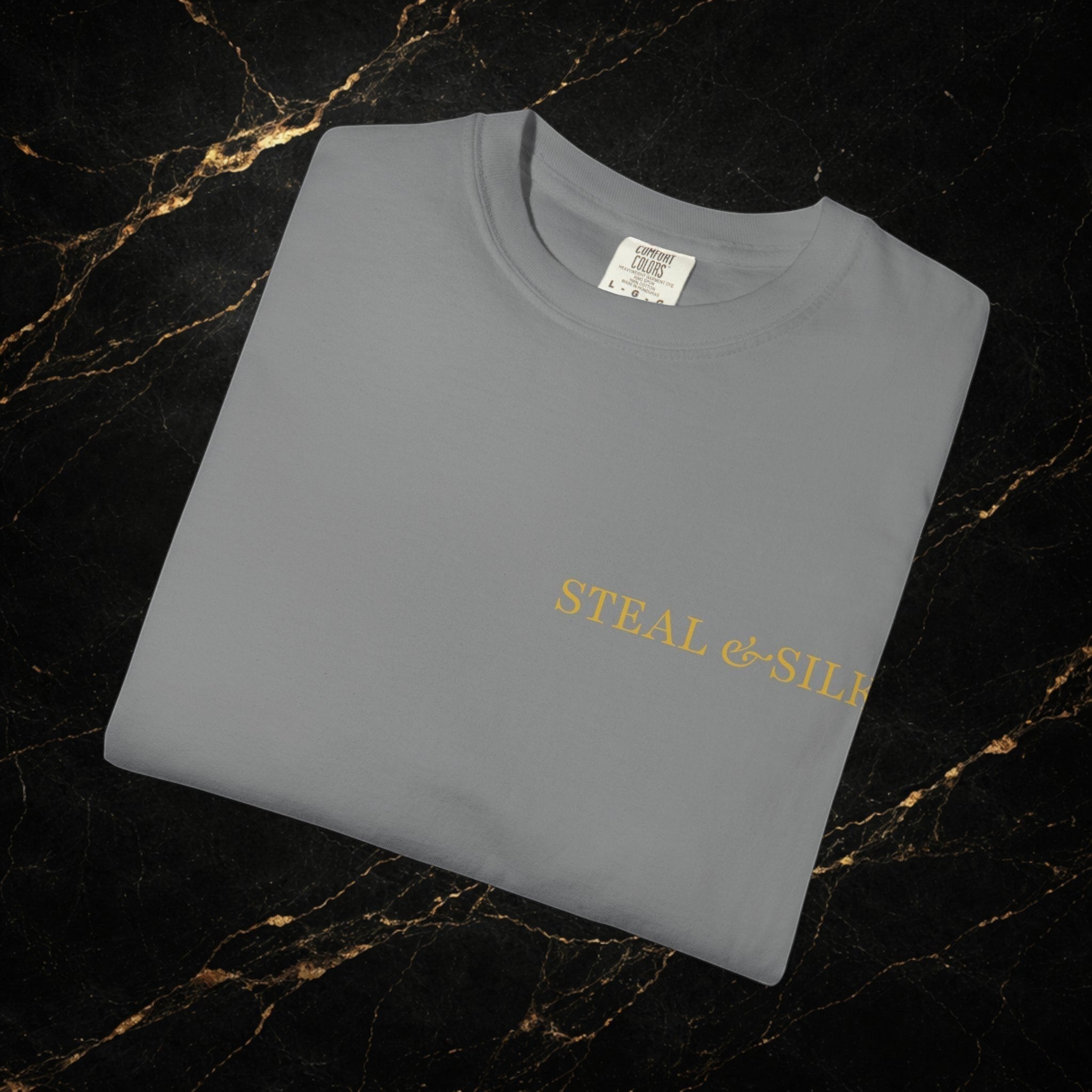 Steal & Silk grey cotton t-shirt with gold "Handle With Force" heart graphic on front. Modern fit.