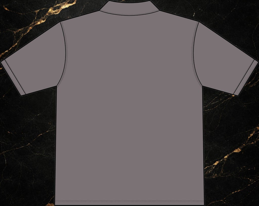 Back view of a Steal & Silk grey moisture-wicking workwear polo shirt with reinforced stitching.