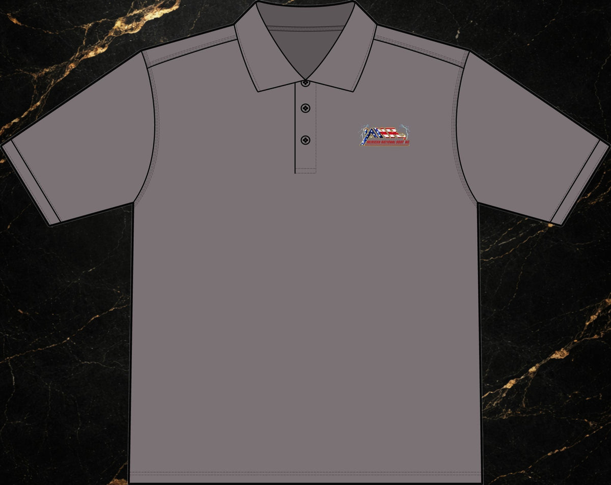 Steal & Silk grey moisture-wicking workwear polo shirt featuring an embroidered American flag logo on the chest.