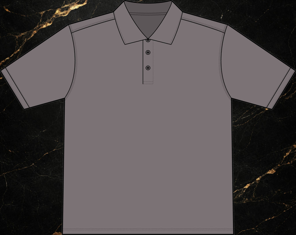 Steal & Silk grey moisture-wicking workwear polo with anti-curl collar and reinforced triple-needle stitching.