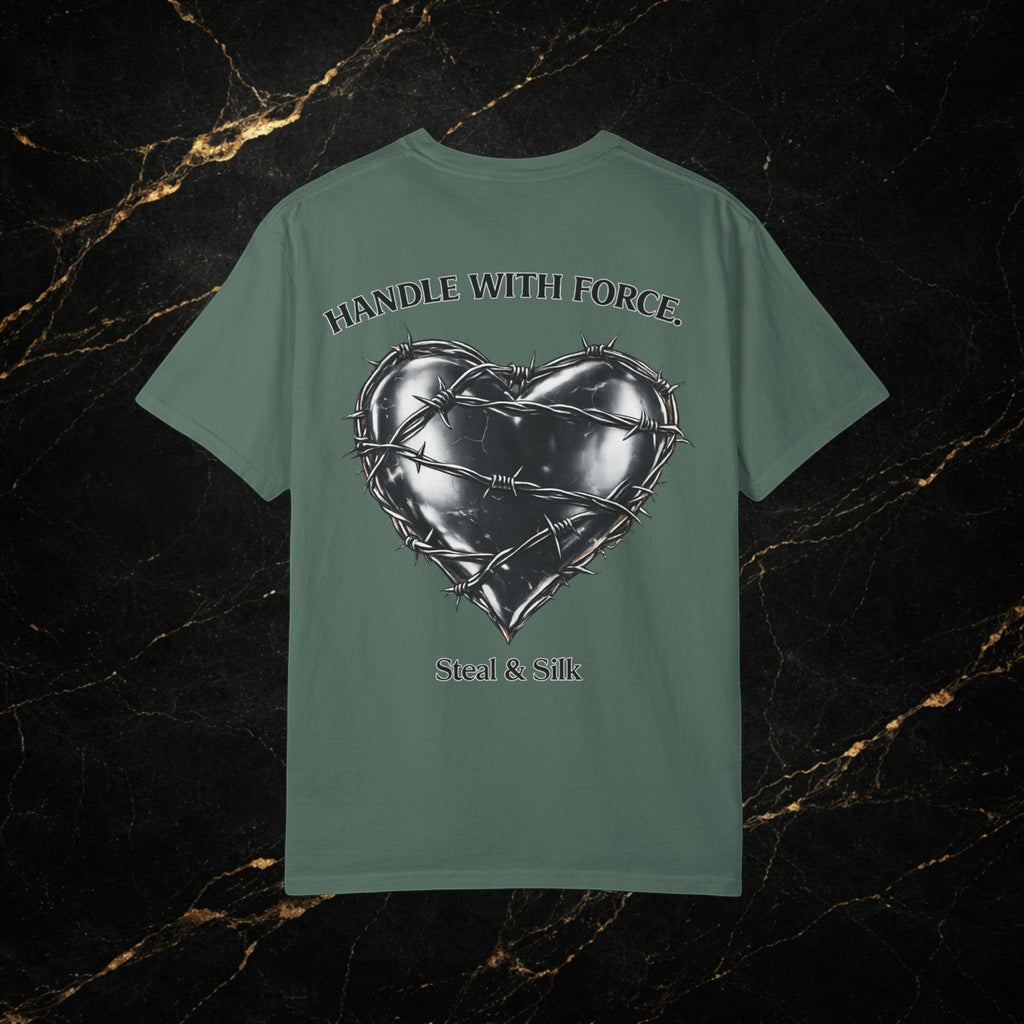 Steal & Silk Handle With Force barbed wire heart graphic t-shirt in sage green cotton.