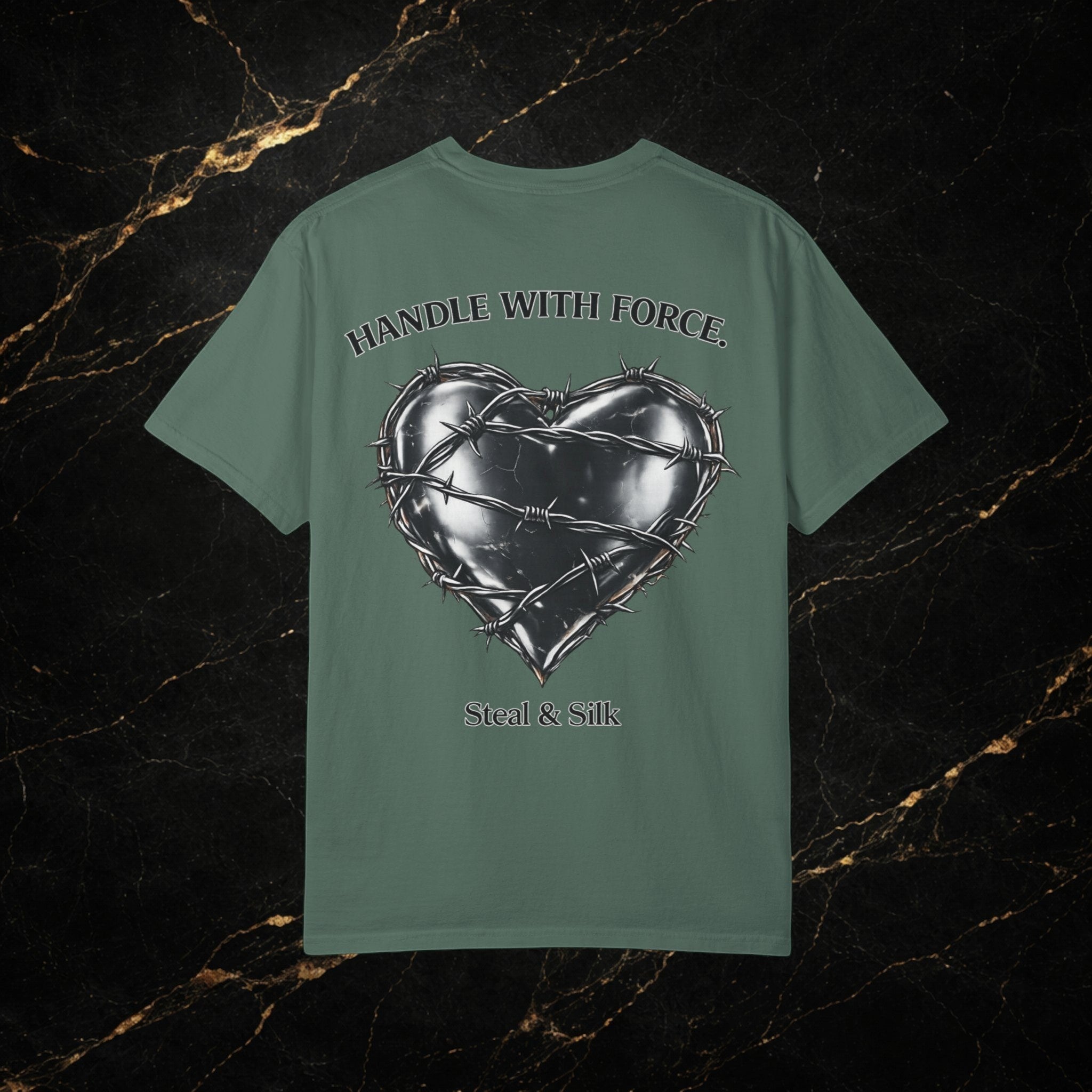 Steal & Silk Handle With Force barbed wire heart graphic t-shirt in sage green cotton.