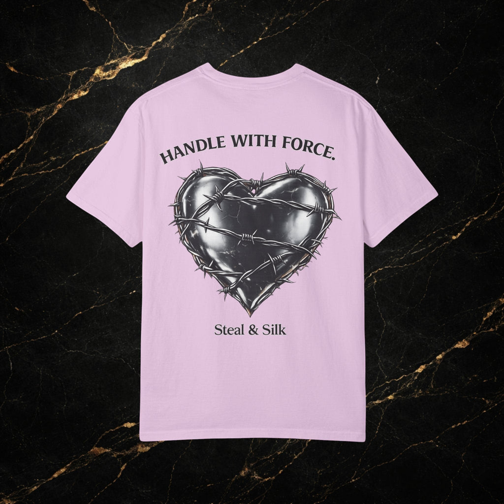 Steal & Silk pink cotton t-shirt with barbed wire heart graphic and "Handle With Force" text.