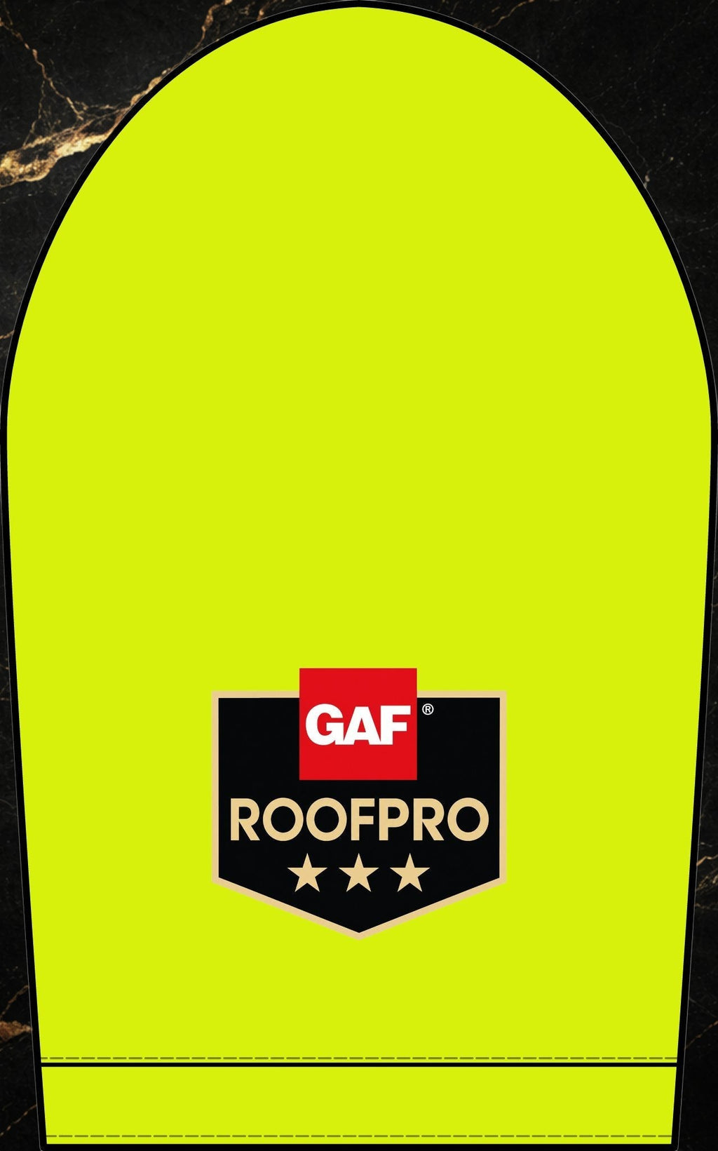Steal & Silk high-visibility neon yellow workwear polo with GAF ROOFPRO logo patch on the chest