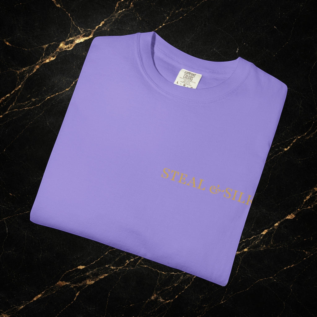 Steal & Silk lavender cotton t-shirt with gold "Handle With Force" heart graphic on chest.