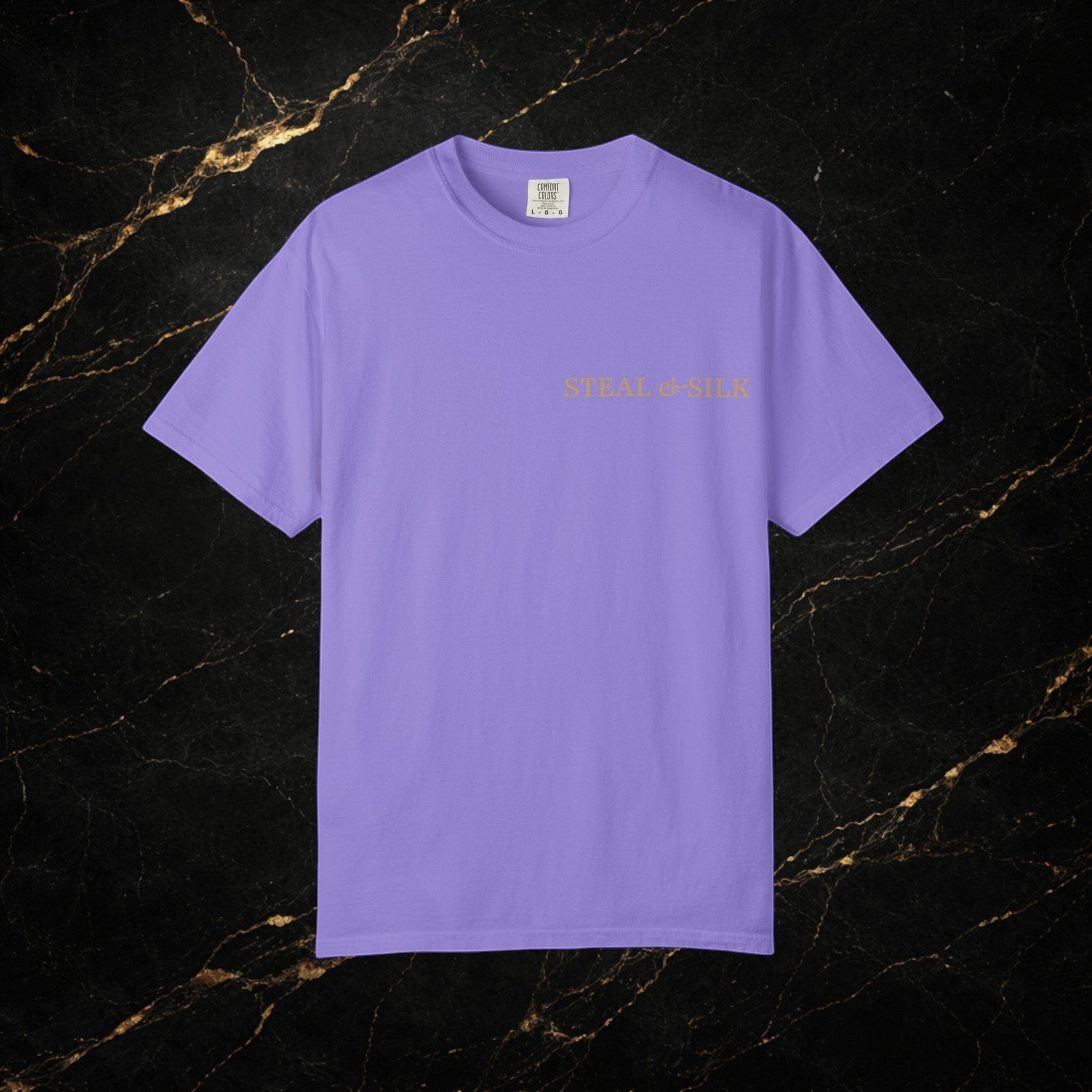 Steal & Silk lavender cotton t-shirt with "Handle With Force" heart graphic on chest.