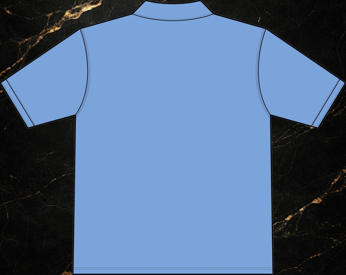 Back view of a light blue Steal & Silk moisture-wicking workwear polo shirt with an anti-curl collar.