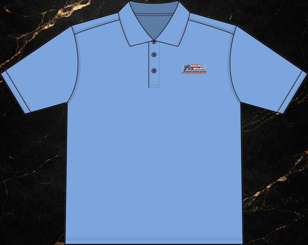 Steal & Silk light blue moisture-wicking work polo featuring an embroidered American flag logo on the chest.