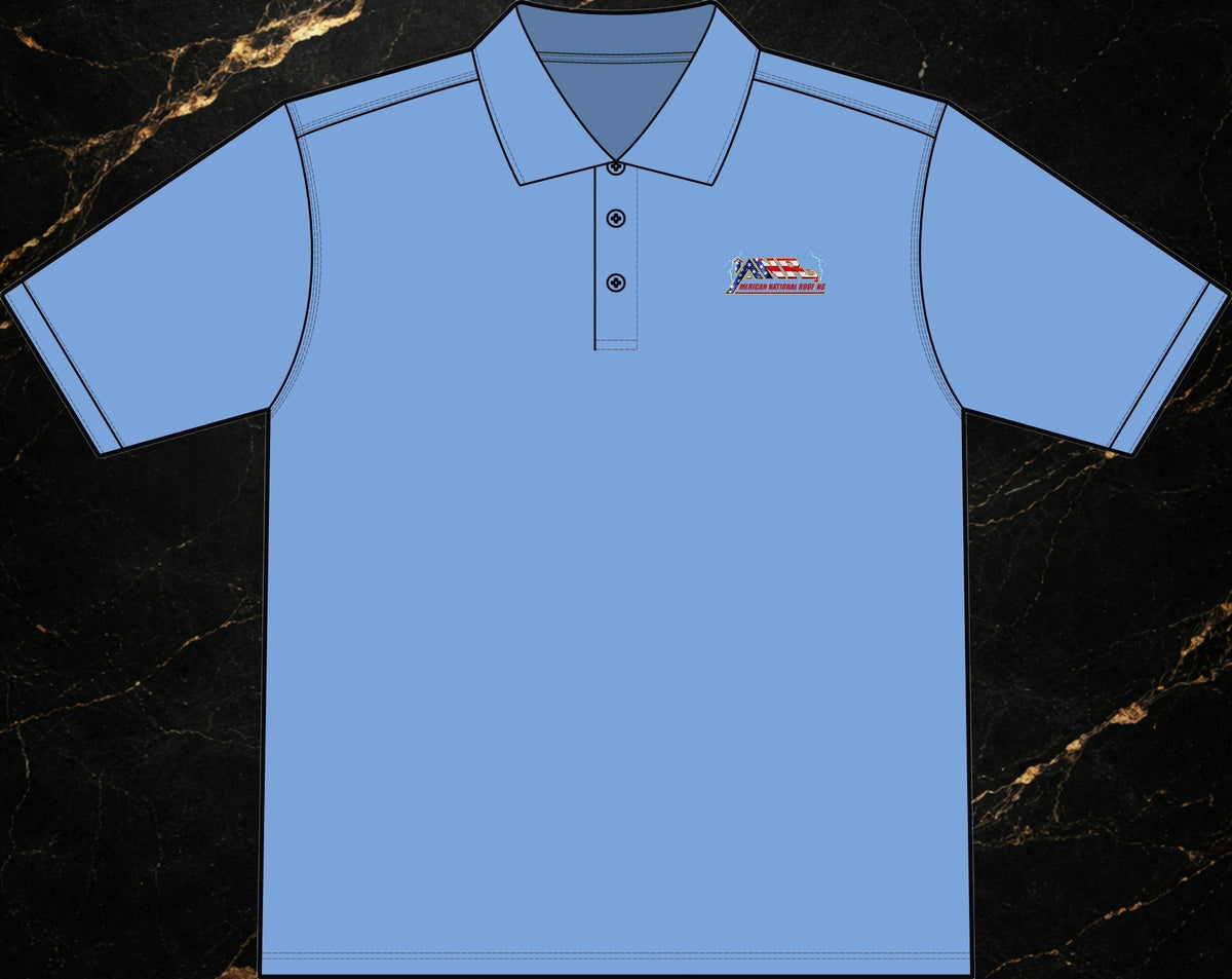 Steal & Silk light blue moisture-wicking work polo featuring an embroidered American flag logo on the chest.