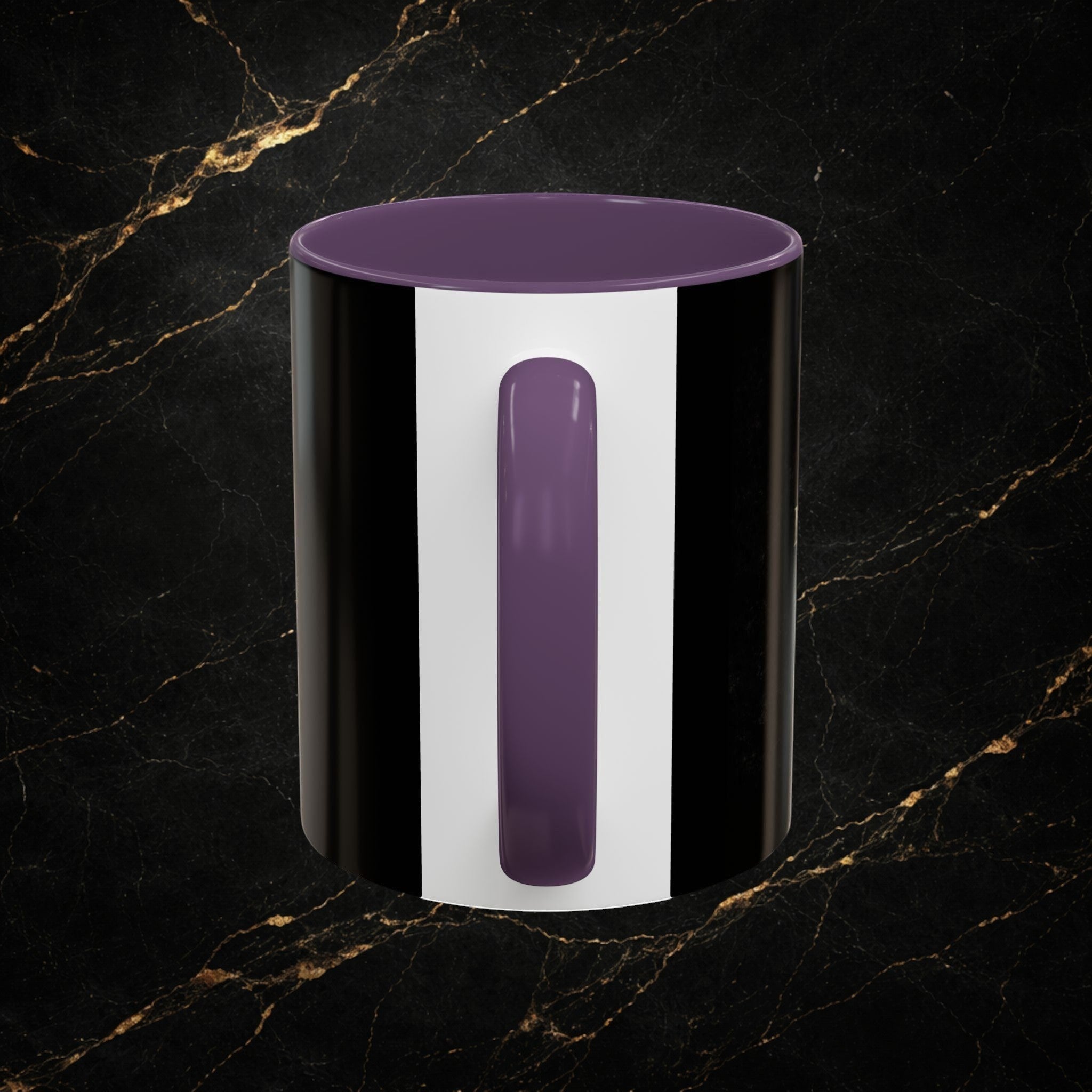 Steal & Silk black ceramic mug with white stripe and purple handle and interior. Features Lion of Judah design.