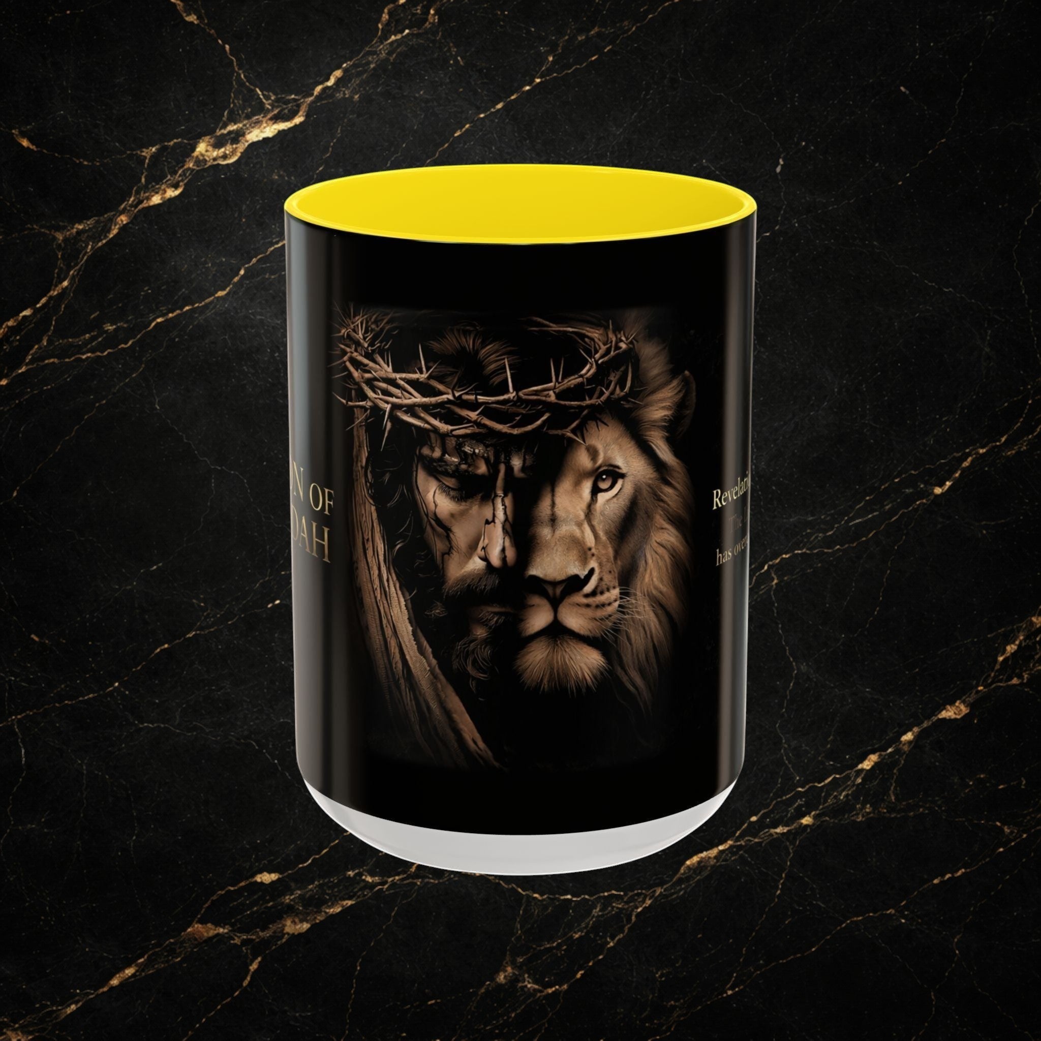Steal & Silk Lion of Judah ceramic mug with Jesus' face and lion's face, yellow interior.