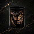 Steal & Silk black ceramic mug featuring a split design of Jesus with a crown of thorns and the Lion of Judah.