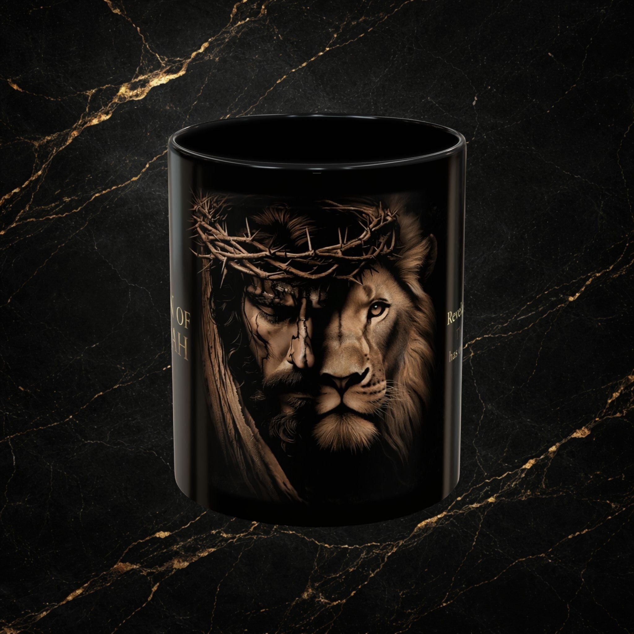 Steal & Silk black ceramic mug featuring a split design of Jesus with a crown of thorns and the Lion of Judah.