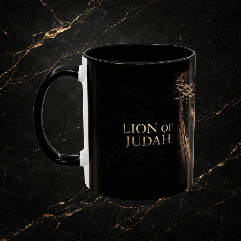 Steal & Silk black ceramic mug with "Lion of Judah" text and crown of thorns graphic. Faith-inspired design.