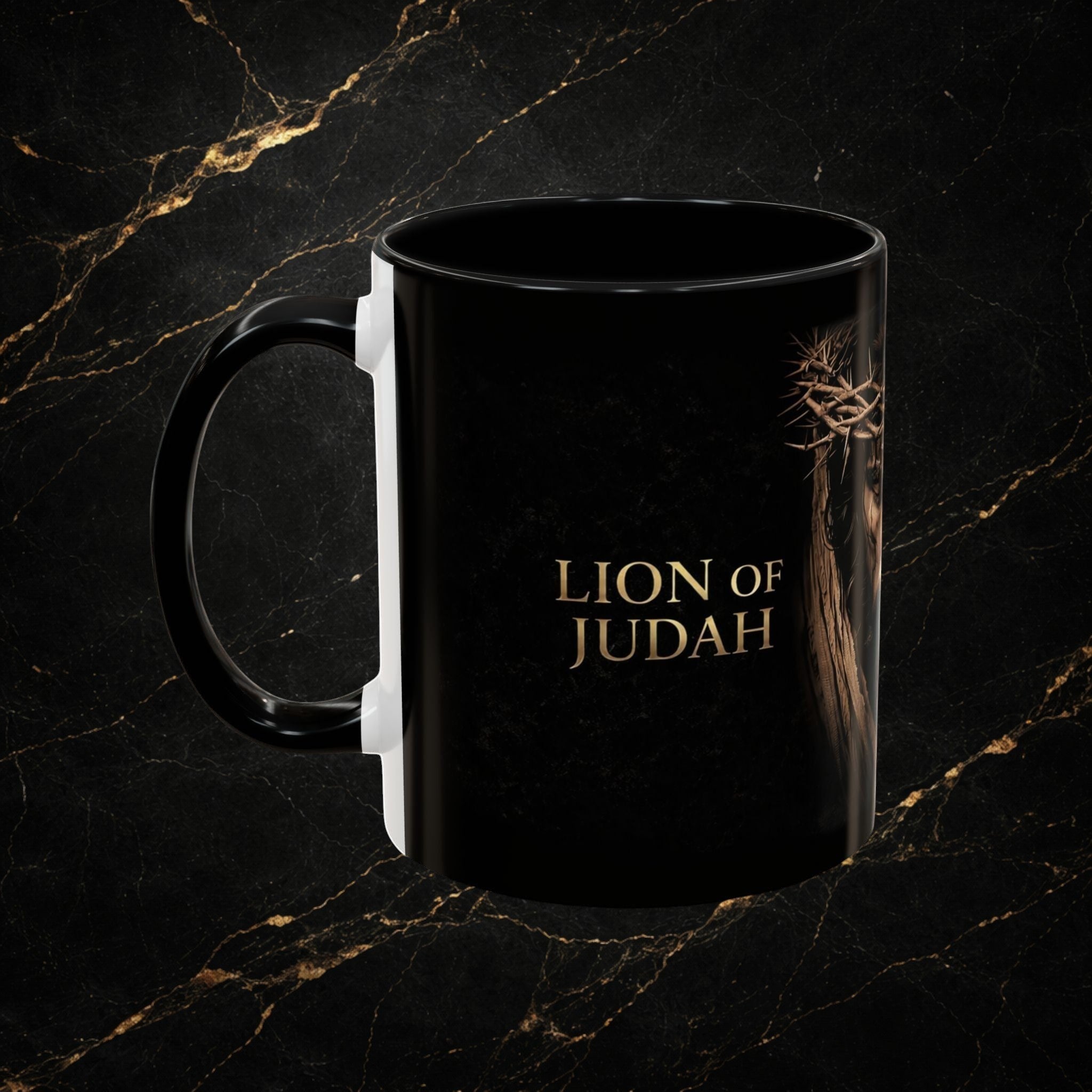 Steal & Silk black ceramic mug with "Lion of Judah" text and crown of thorns graphic. Faith-inspired design.
