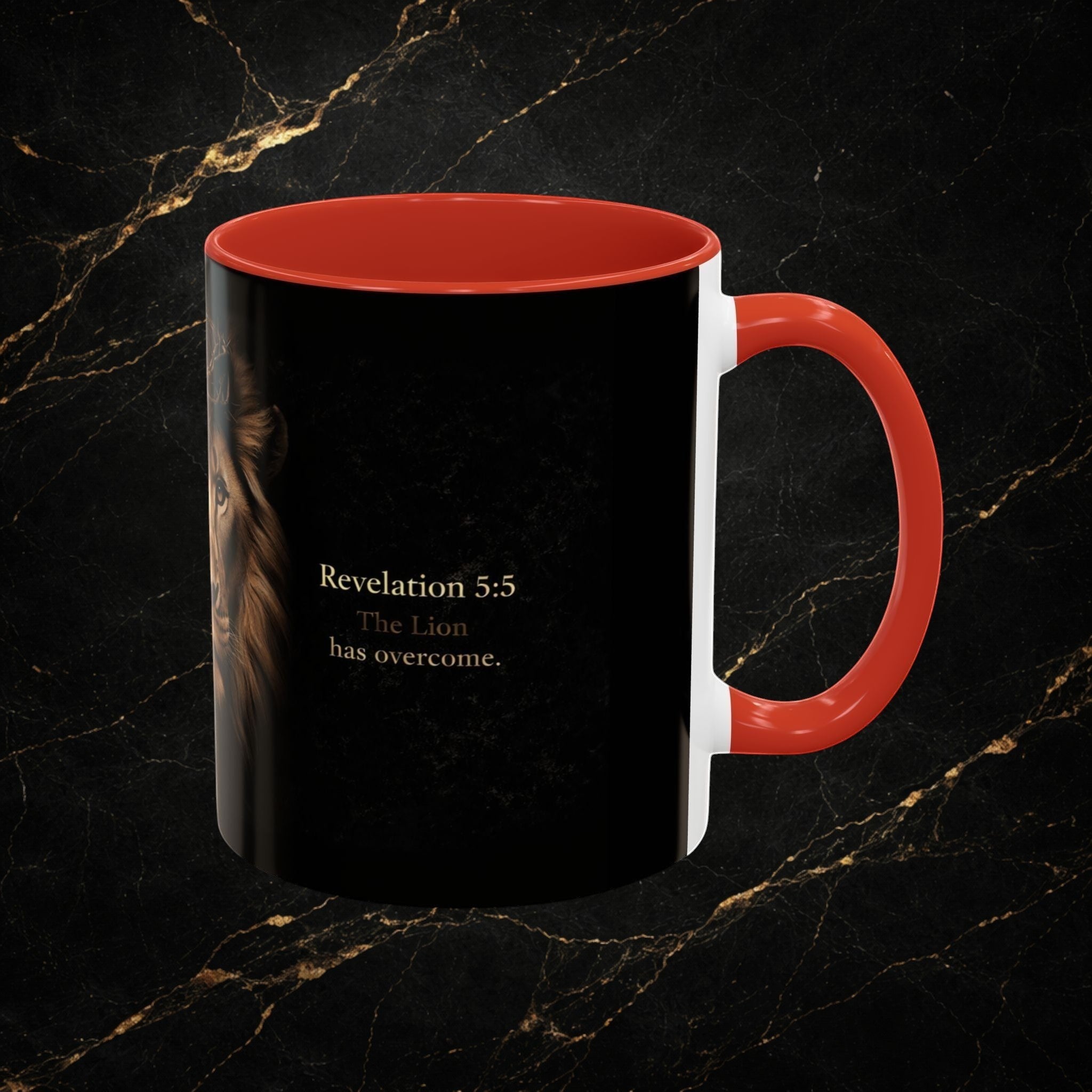 Steal & Silk Lion of Judah ceramic mug with red handle and interior, featuring a lion's face and Revelation 5:5 text.