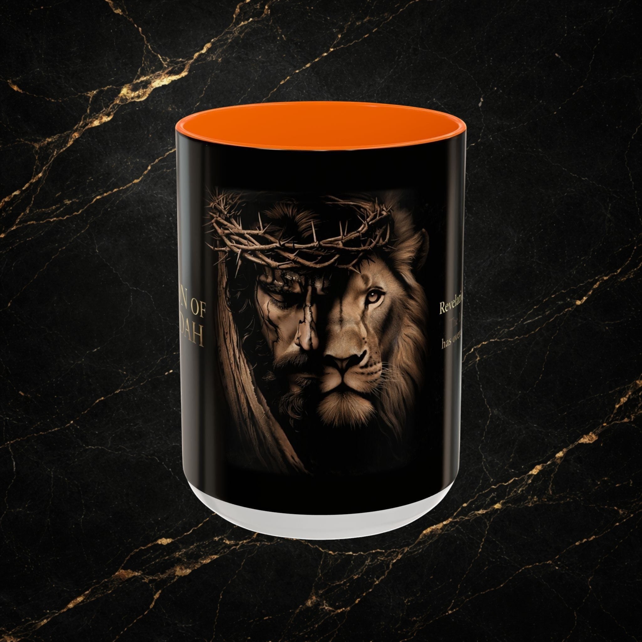 Steal & Silk Lion of Judah Overcomer ceramic mug with orange interior. Features Jesus and lion imagery.