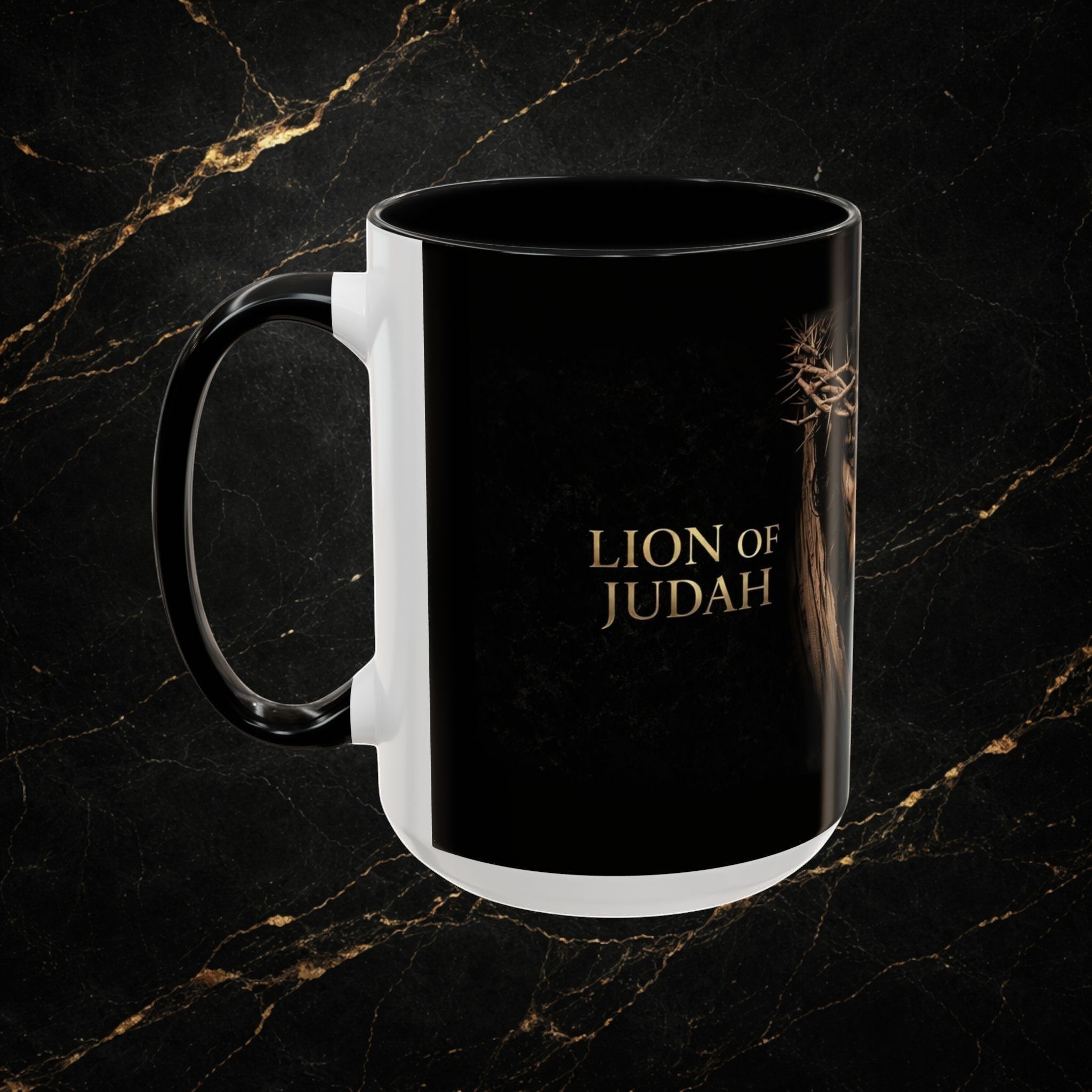Steal & Silk Lion of Judah Overcomer ceramic mug with crown of thorns graphic and gold text.