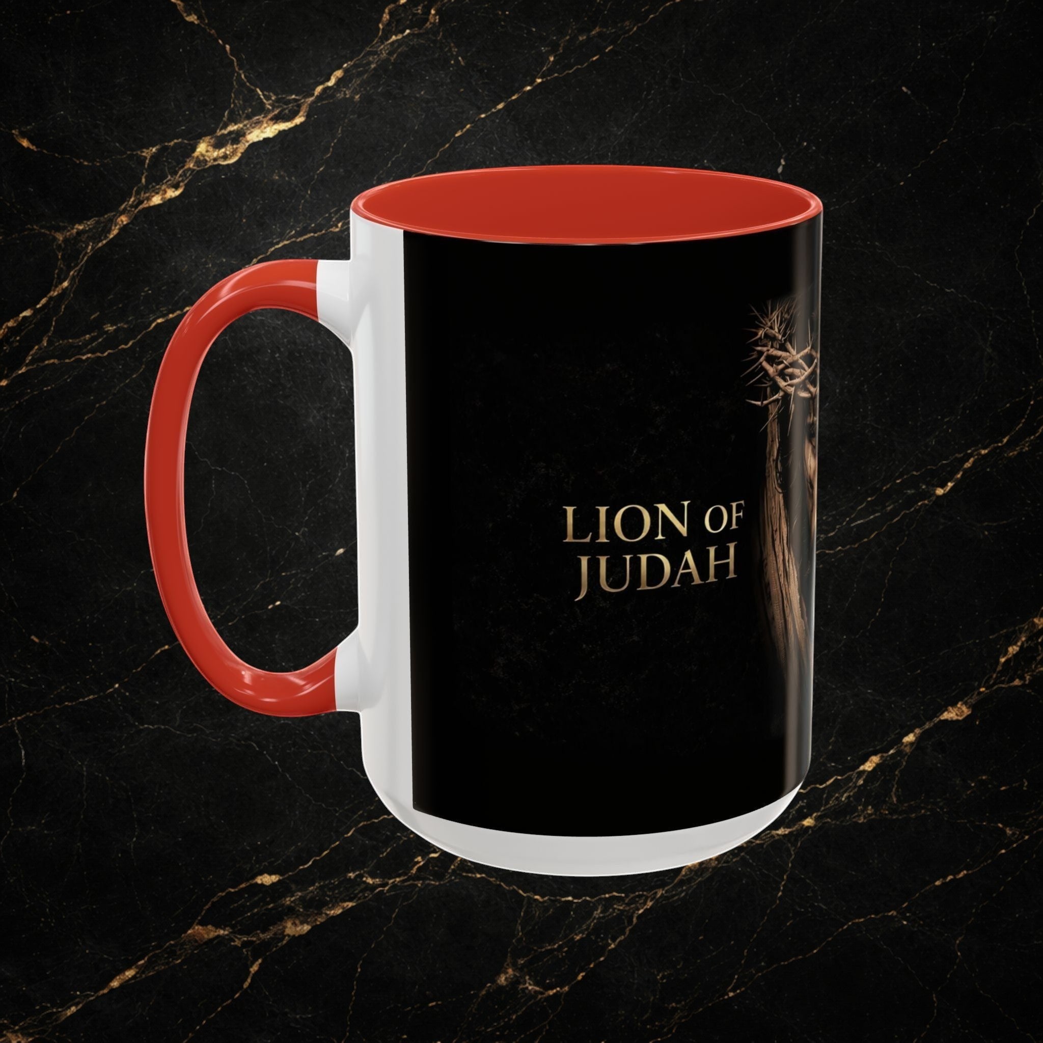 Steal & Silk Lion of Judah Overcomer ceramic mug with red handle and interior. Black exterior features gold text and a crown of thorns.