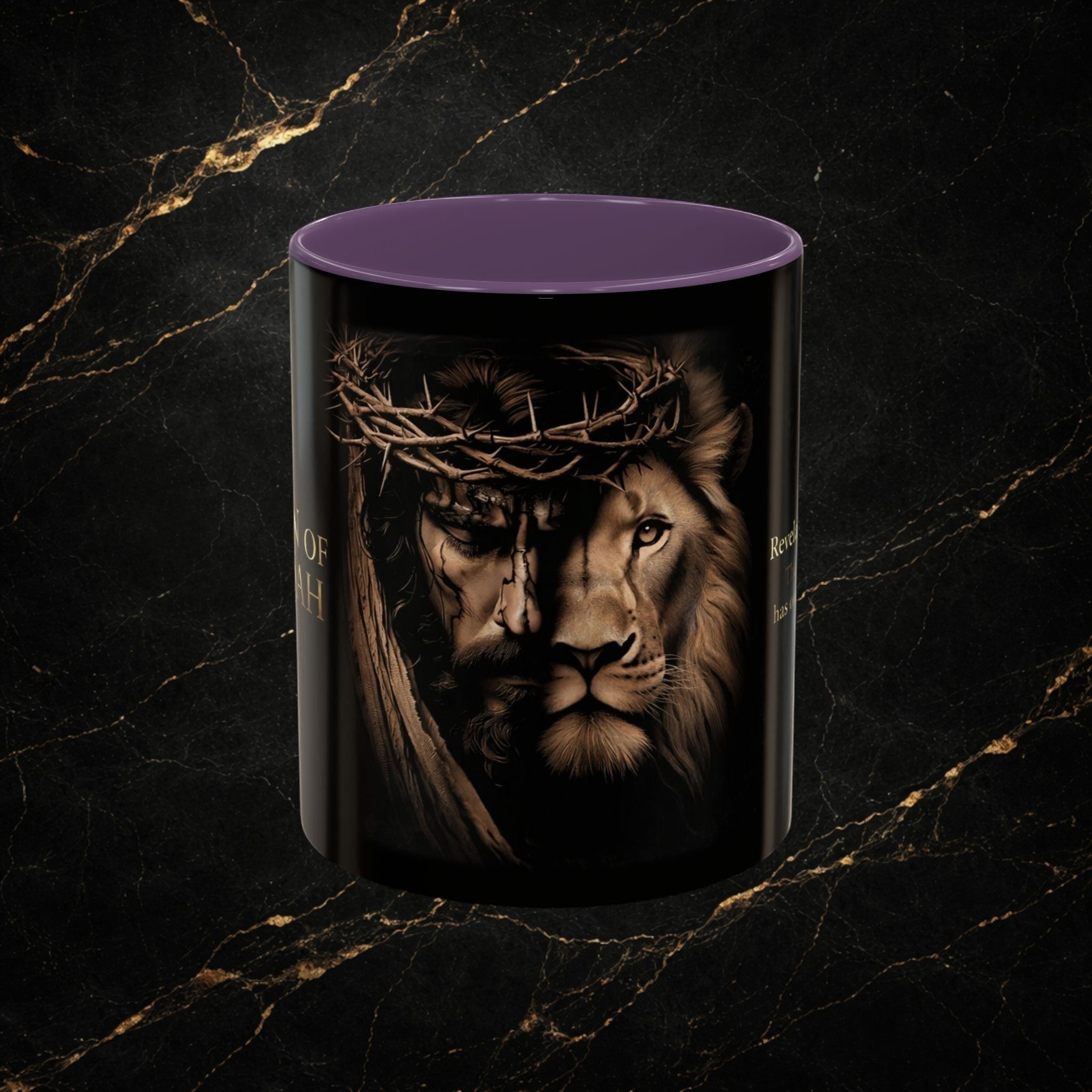 Steal & Silk Lion of Judah Overcomer mug with Jesus and lion graphic, black ceramic with purple interior.