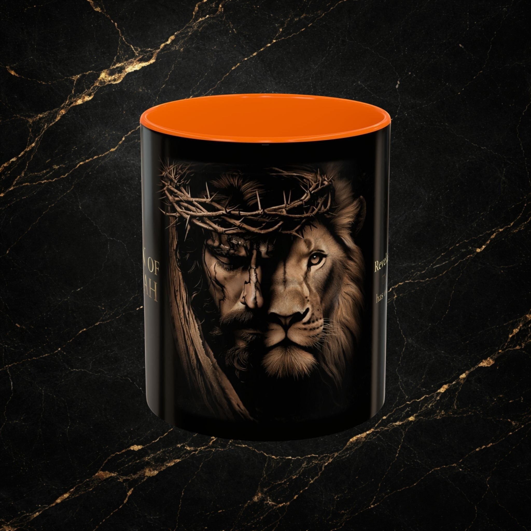 Steal & Silk Lion of Judah Overcomer ceramic mug with Jesus and lion graphic, orange interior.