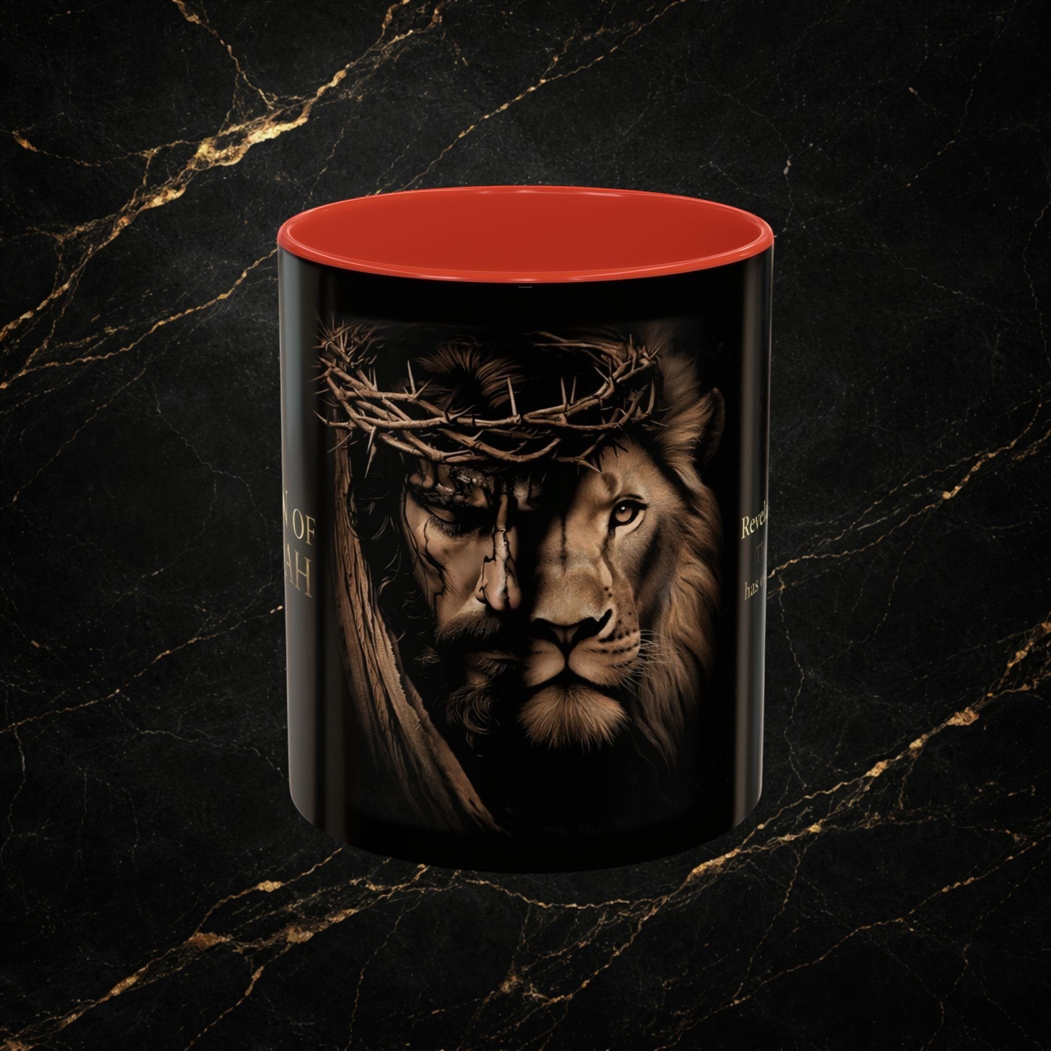 Steal & Silk Lion of Judah Overcomer mug with Jesus and lion graphic, red interior, ceramic.