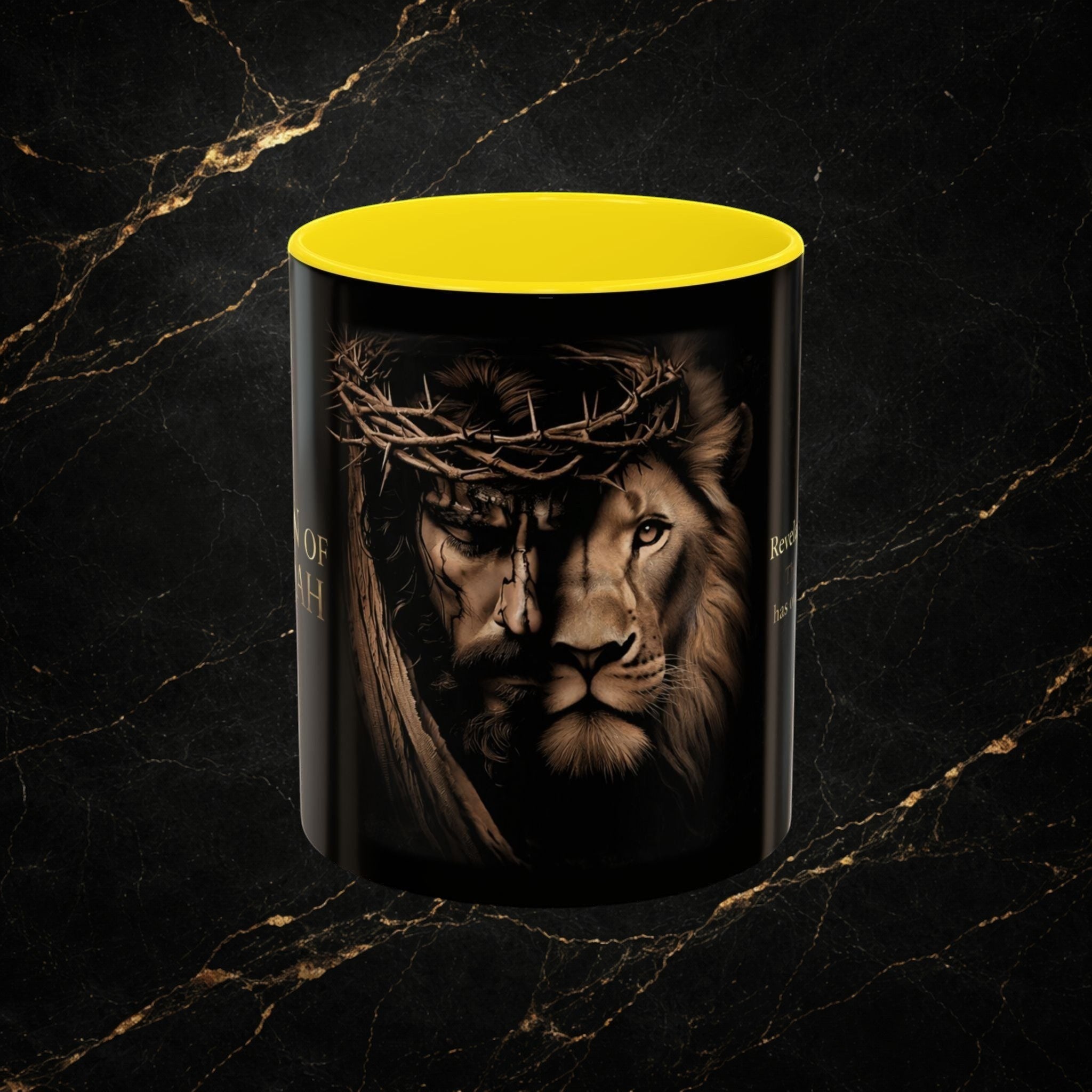Steal & Silk Lion of Judah Overcomer ceramic mug with Jesus and lion graphic, yellow interior.