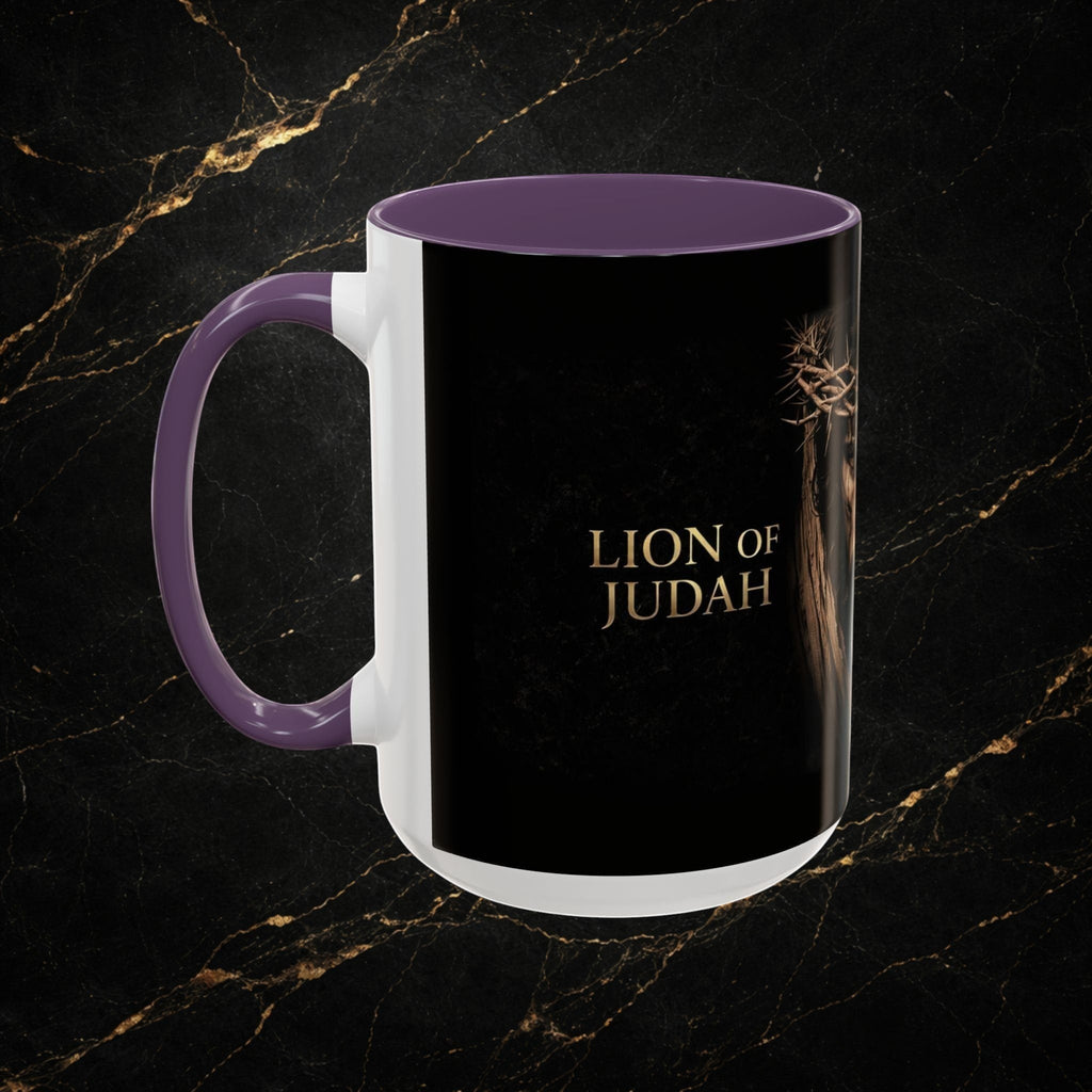 Steel & Silk white ceramic mug with purple handle and interior, featuring a black exterior with gold text "LION OF JUDAH" and an image of Jesus wearing a crown of thorns.