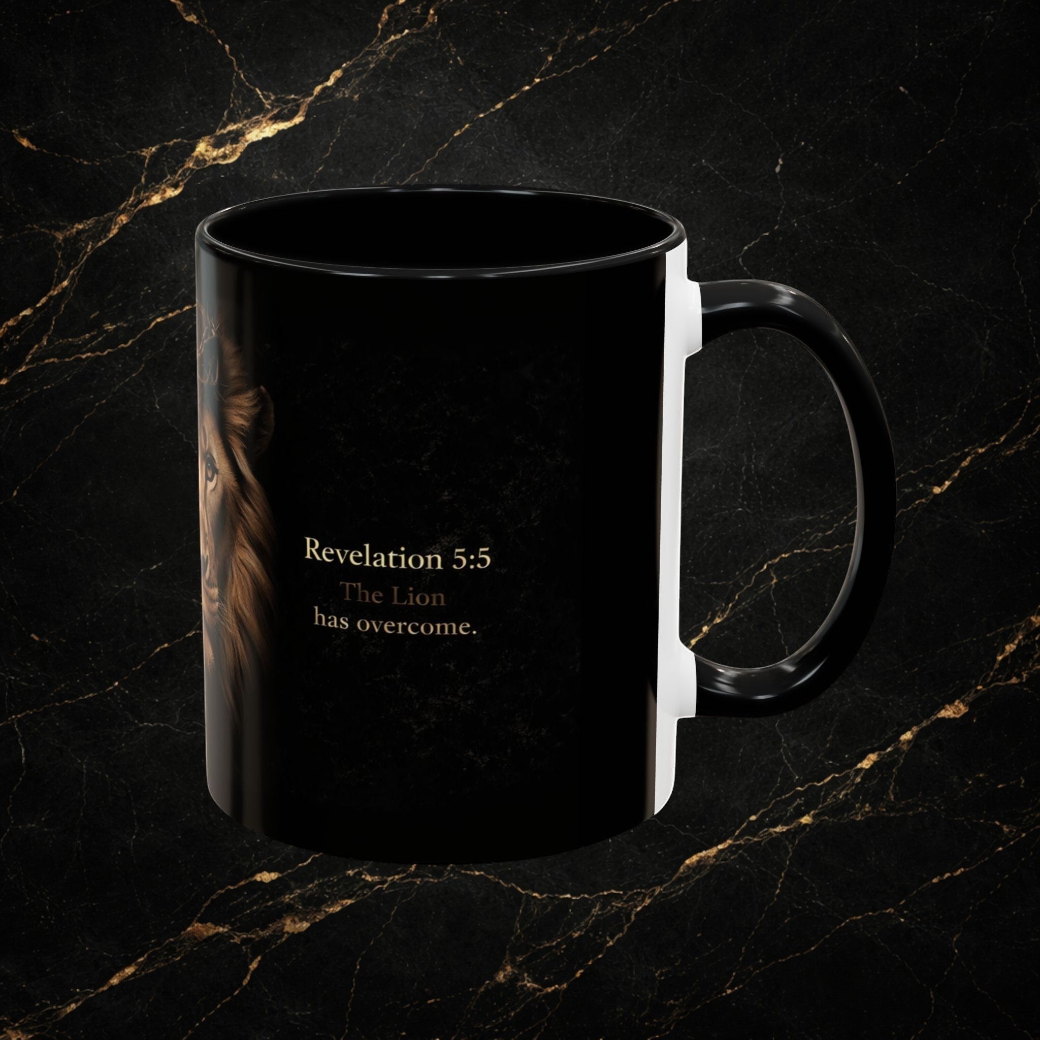 Steal & Silk black ceramic mug with Lion of Judah graphic and "Revelation 5:5 The Lion has overcome." text.