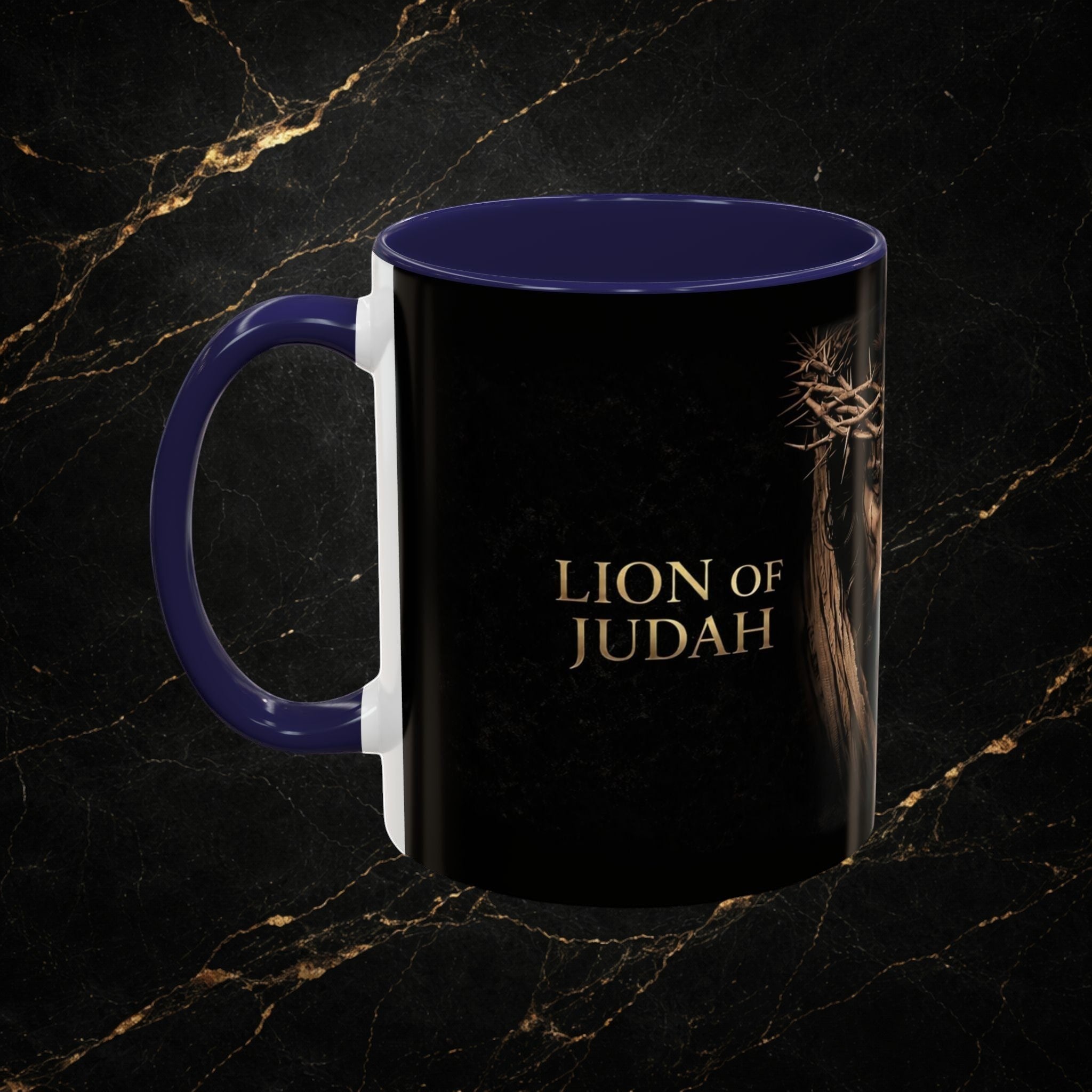 Steal & Silk Lion of Judah Overcomer ceramic mug with navy handle and interior, featuring Jesus' crown of thorns.