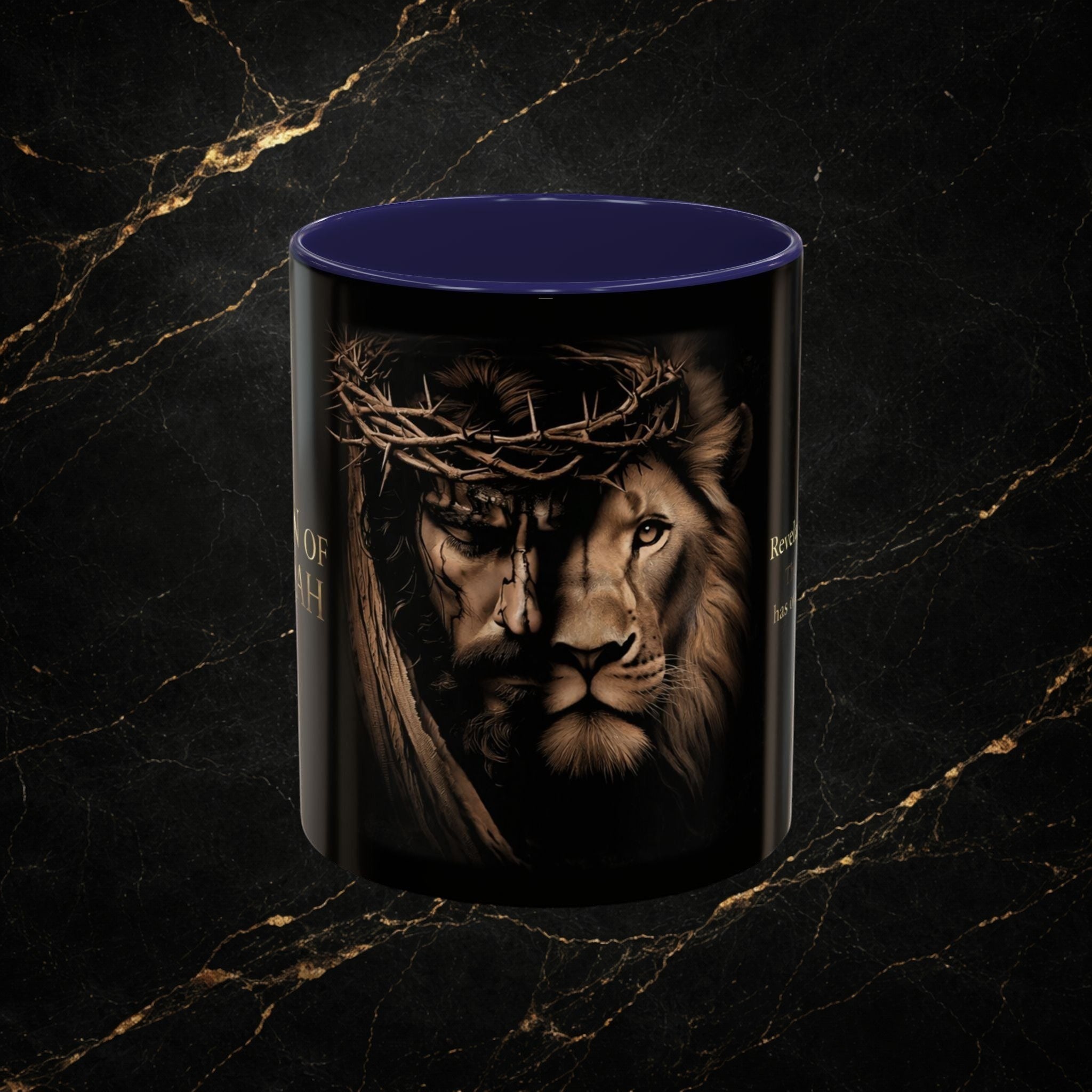 Steal & Silk Lion of Judah Overcomer ceramic mug with Jesus and lion imagery. Blue interior.