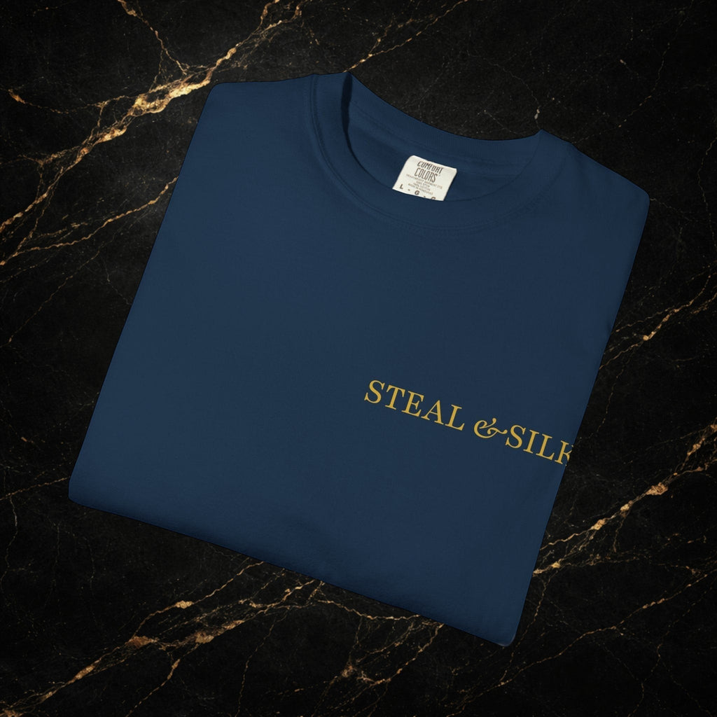 Steal & Silk navy blue cotton t-shirt with gold "Handle With Force" heart graphic on front.