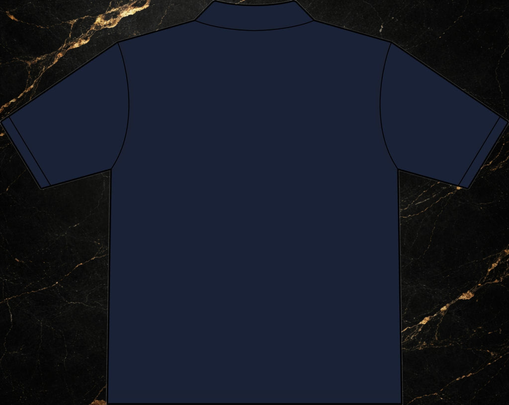 Back view of a navy blue Steal & Silk workwear polo shirt featuring a durable, moisture-wicking polyester fabric.