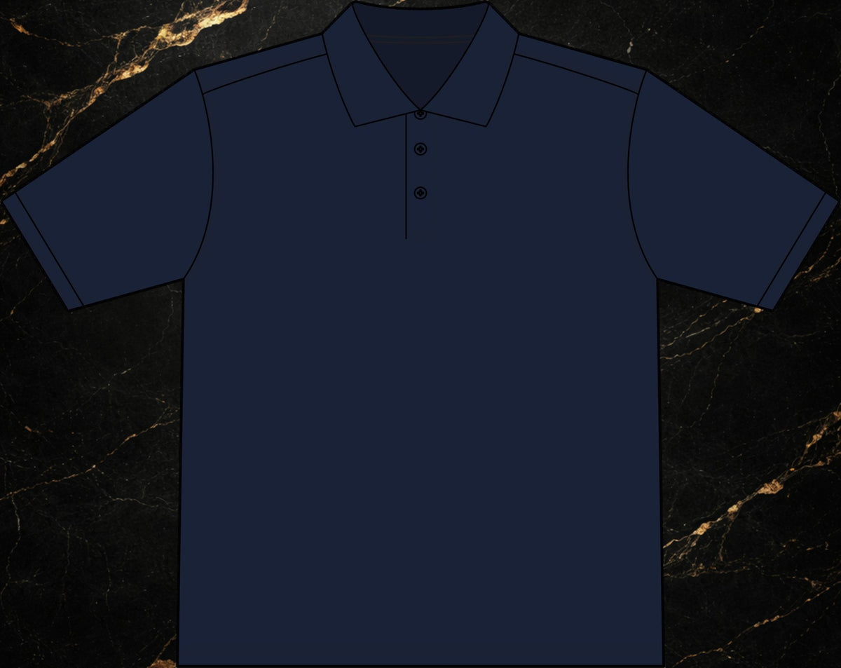 Steal & Silk navy blue moisture-wicking workwear polo shirt with an anti-curl collar and durable polyester fabric.