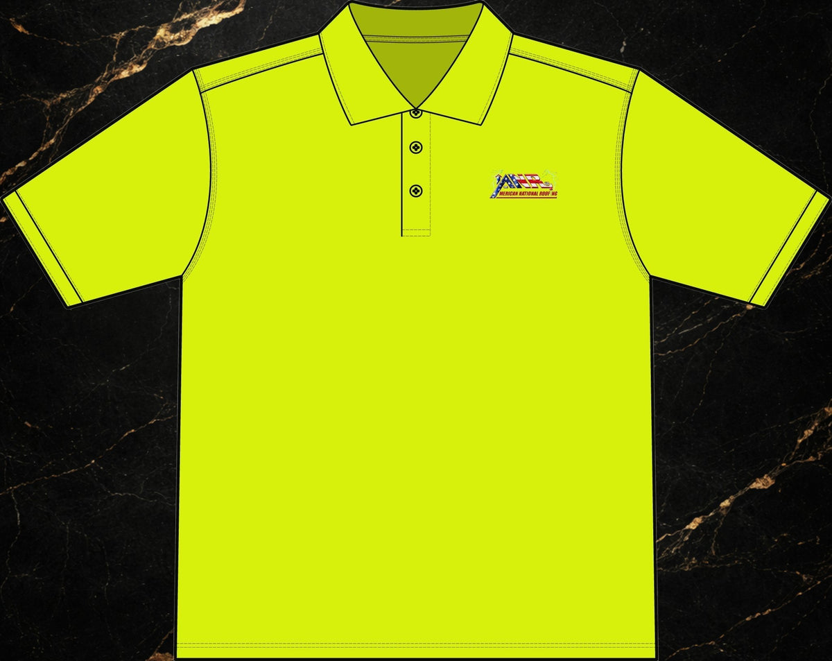 Steal & Silk neon yellow moisture-wicking work polo with embroidered American flag chest logo and anti-curl collar