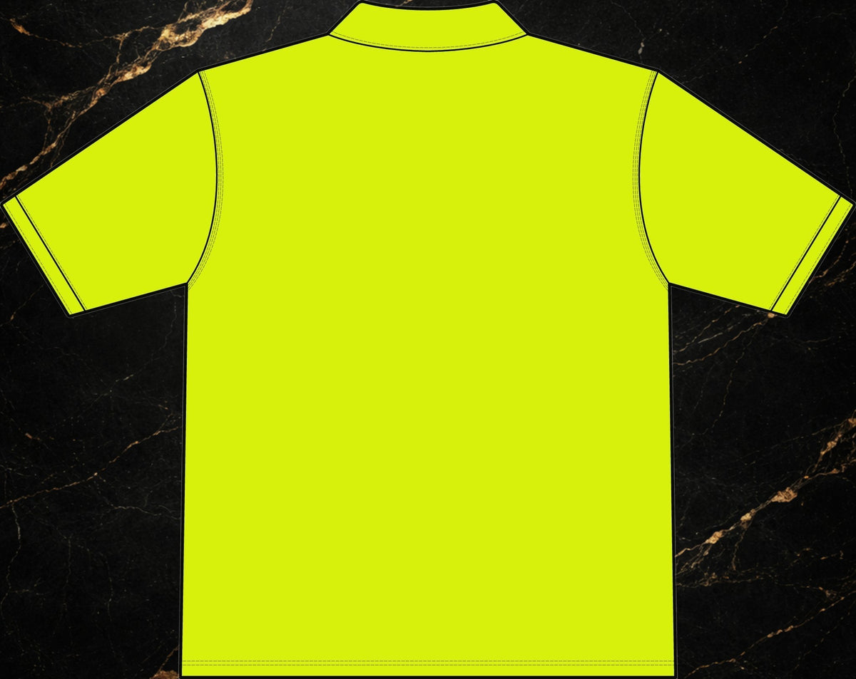 Back view of a Steal & Silk high-visibility neon yellow workwear polo shirt with a durable polyester finish.