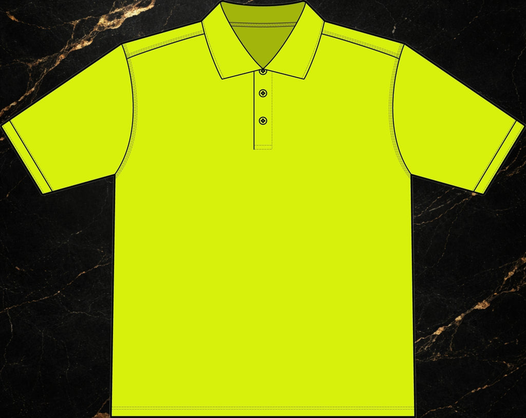 Steal & Silk high-visibility neon yellow moisture-wicking workwear polo shirt with anti-curl collar