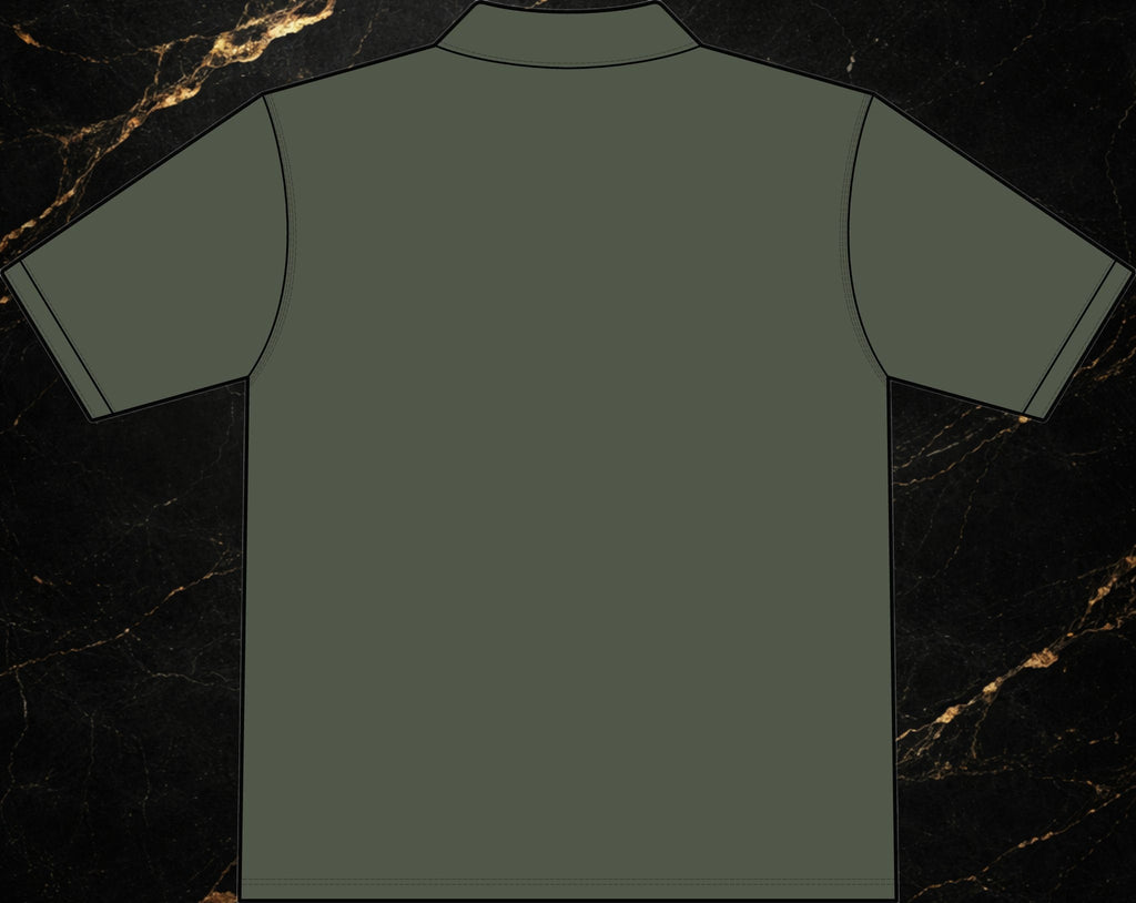 Back view of a Steal & Silk olive green moisture-wicking workwear polo shirt with a clean, professional design.