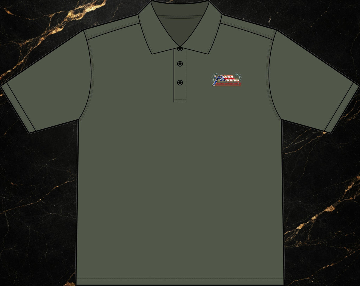 Steal & Silk olive green moisture-wicking workwear polo with an embroidered American flag logo on the chest.