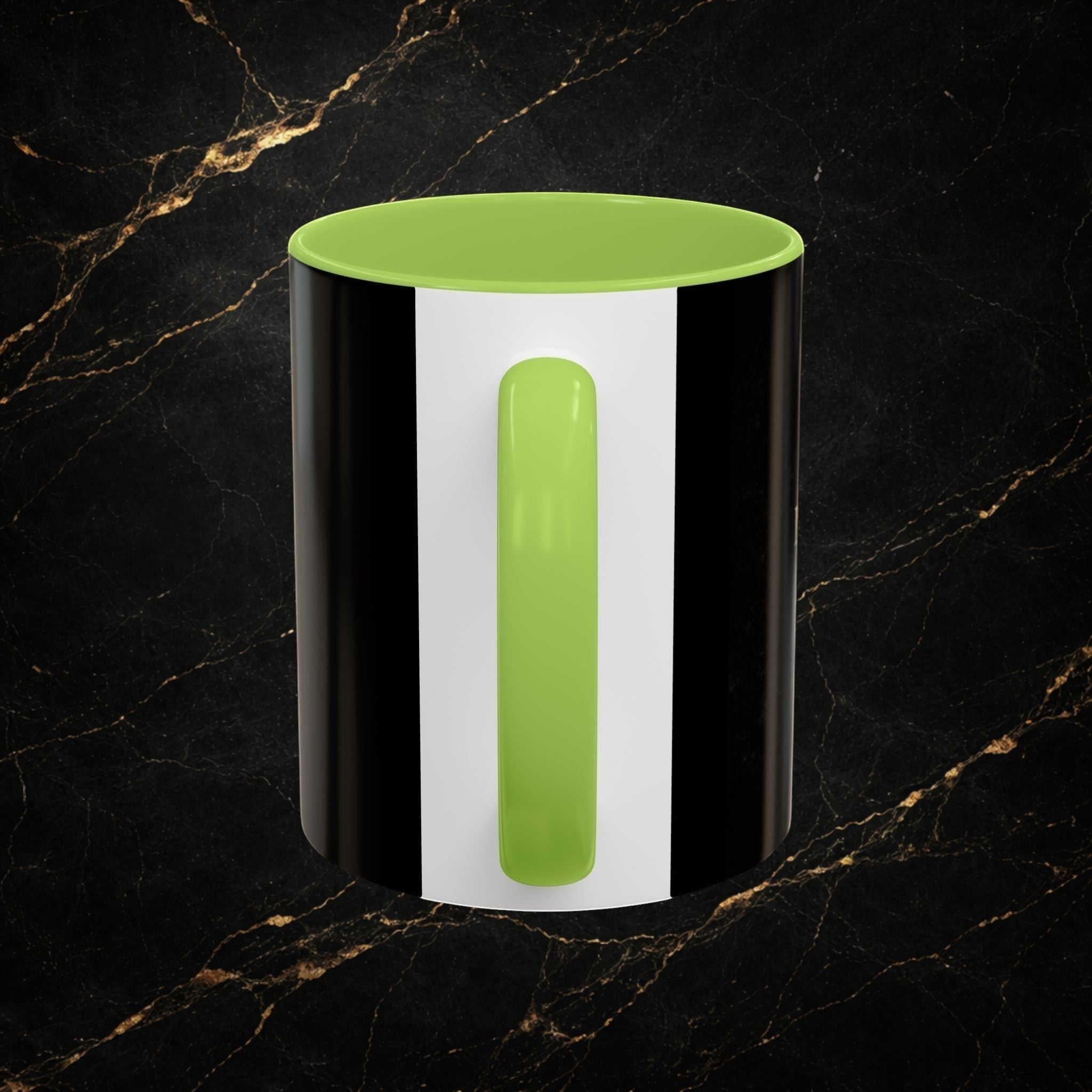 Steal & Silk Overcomer Mug with Lion of Judah graphic, black and white design, lime green handle and interior.