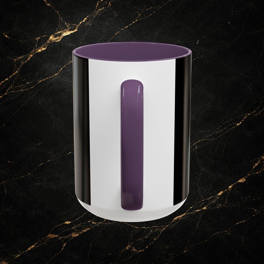 Steal & Silk Overcomer Mug with purple handle and interior, white exterior with black vertical stripes.