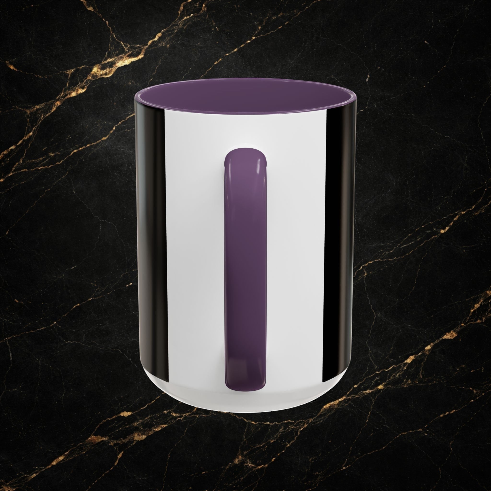 Steal & Silk Overcomer Mug with purple handle and interior, white exterior with black vertical stripes.