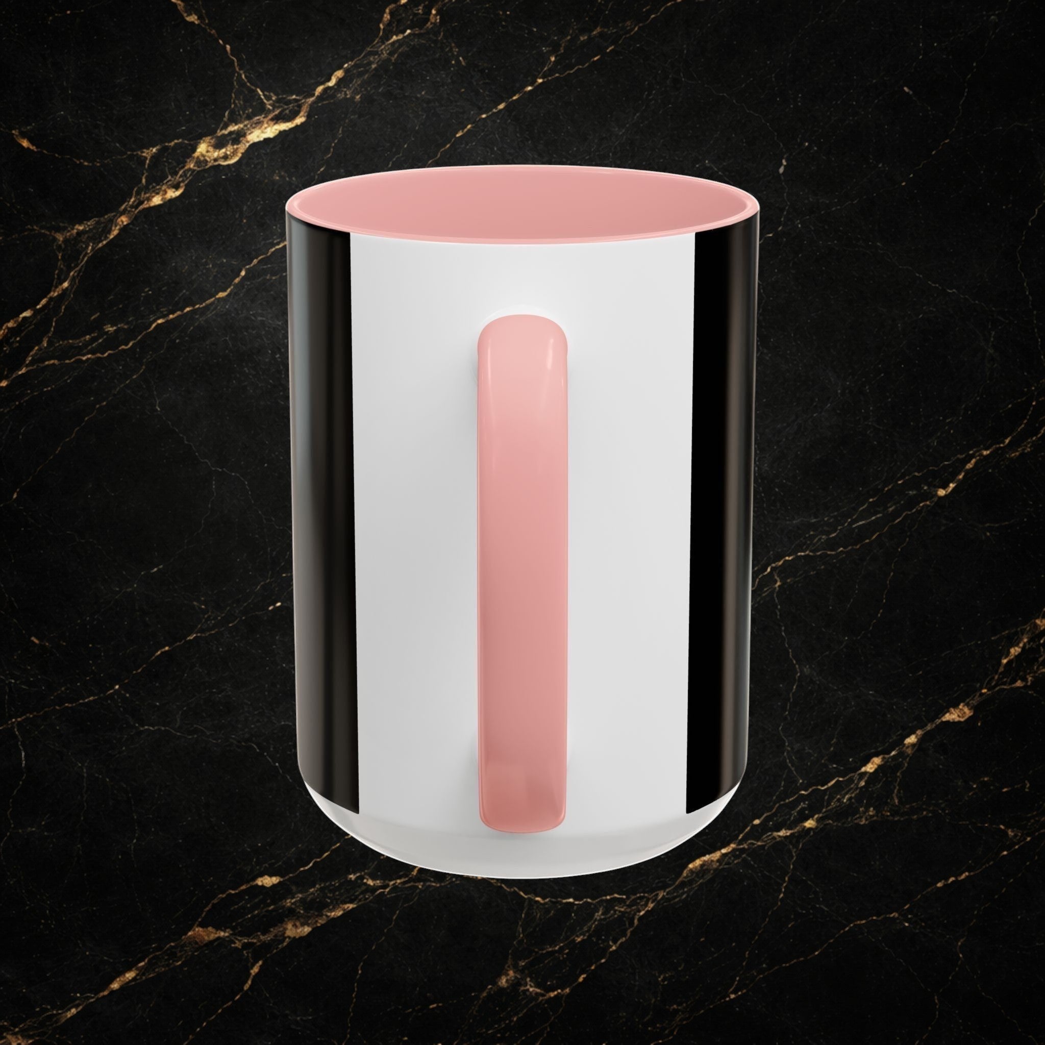 Steal & Silk Overcomer Mug with Lion of Judah design. White ceramic mug with pink handle and interior, black and white graphic.