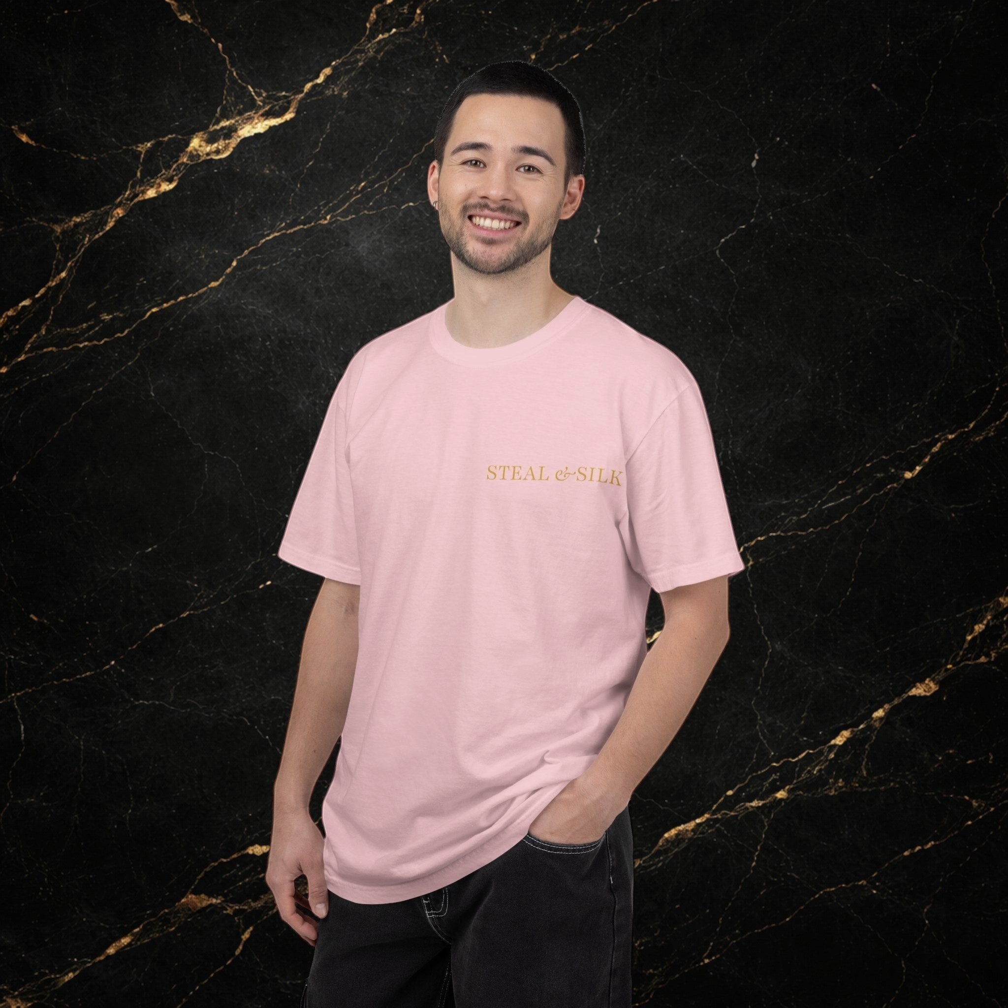 Steal & Silk light pink cotton t-shirt with gold 'Handle With Force' heart graphic on chest.