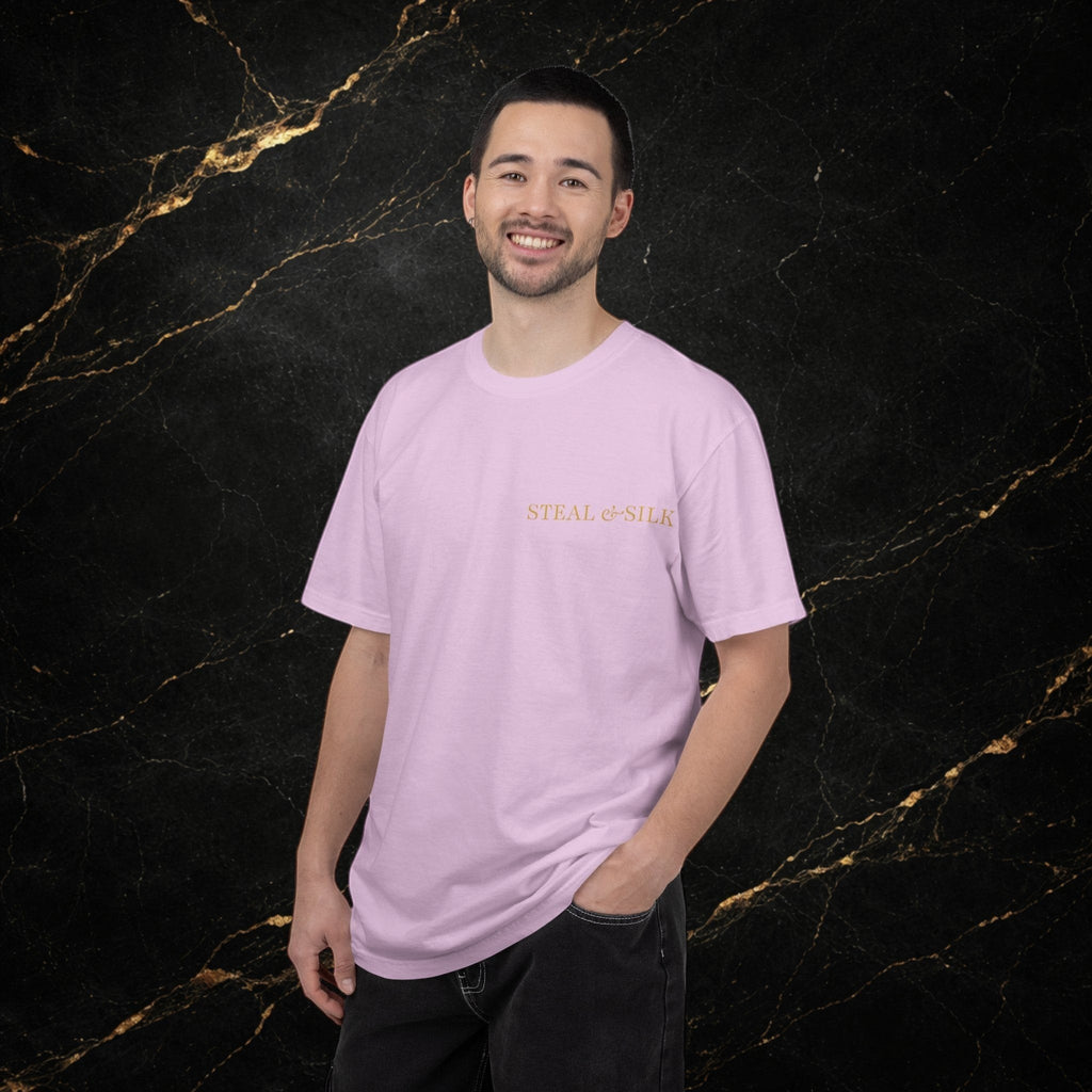 Steal & Silk light pink cotton t-shirt with "Handle With Force" heart graphic on chest.