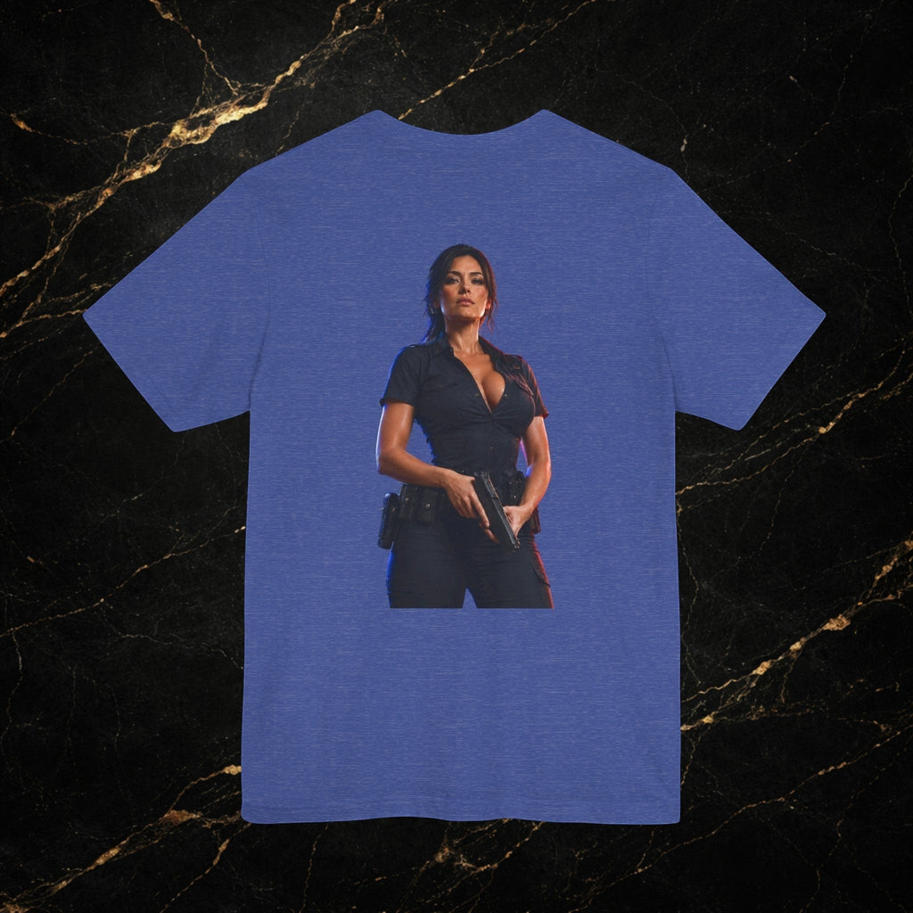 Steal & Silk blue cotton t-shirt with a graphic of a woman in a police uniform holding a gun.