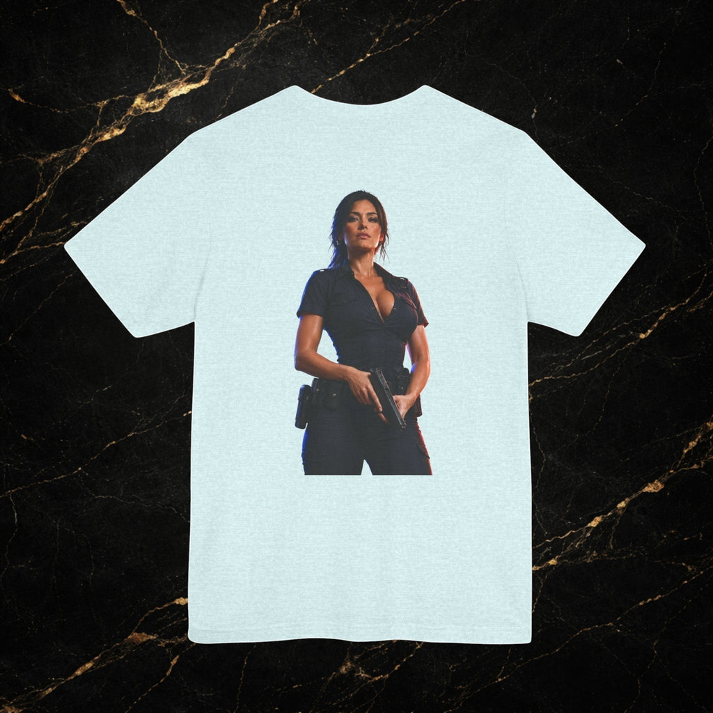 Steal & Silk light blue cotton t-shirt with a graphic of a woman in a police uniform holding a gun.