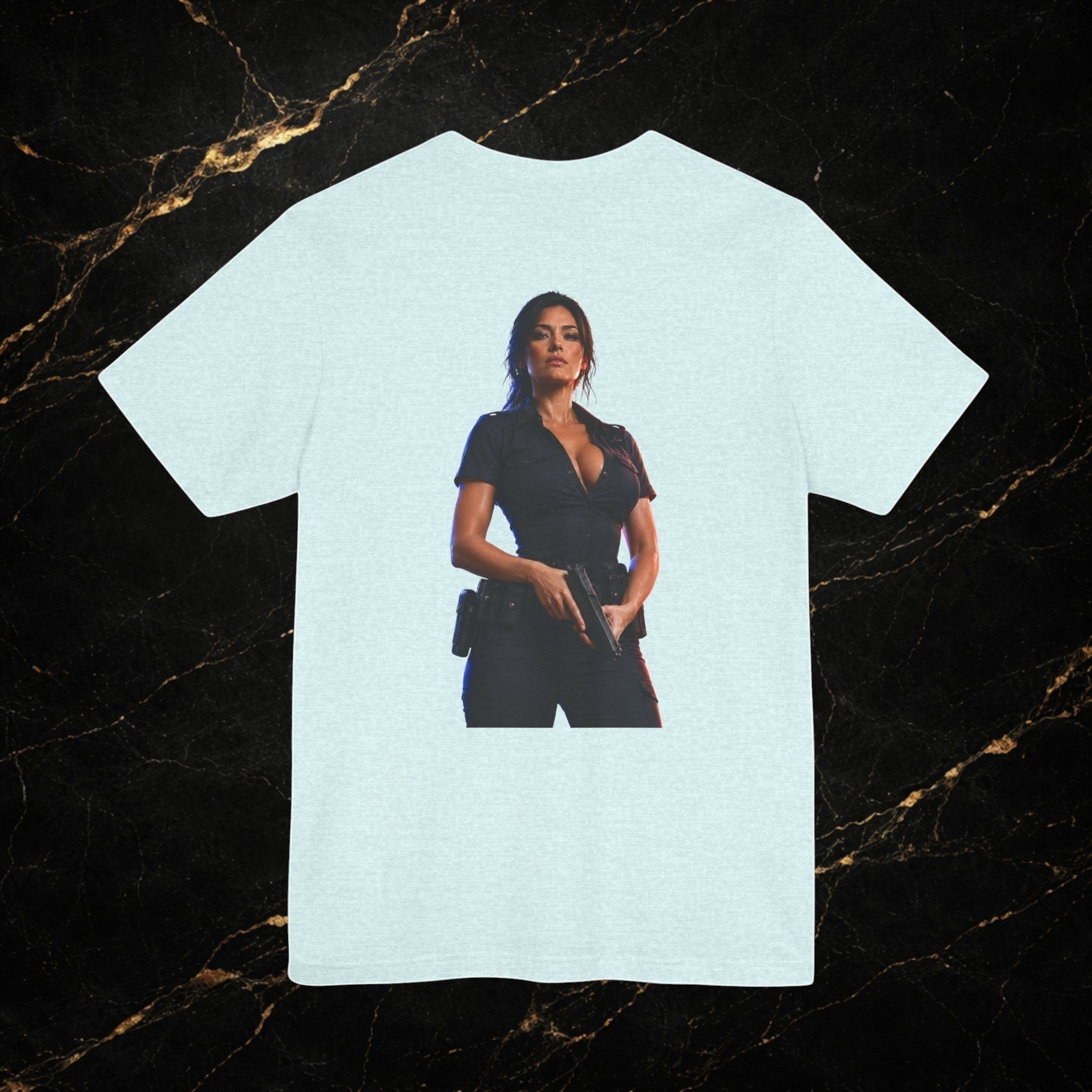 Steal & Silk light blue cotton t-shirt with a graphic of a woman in a police uniform holding a gun.